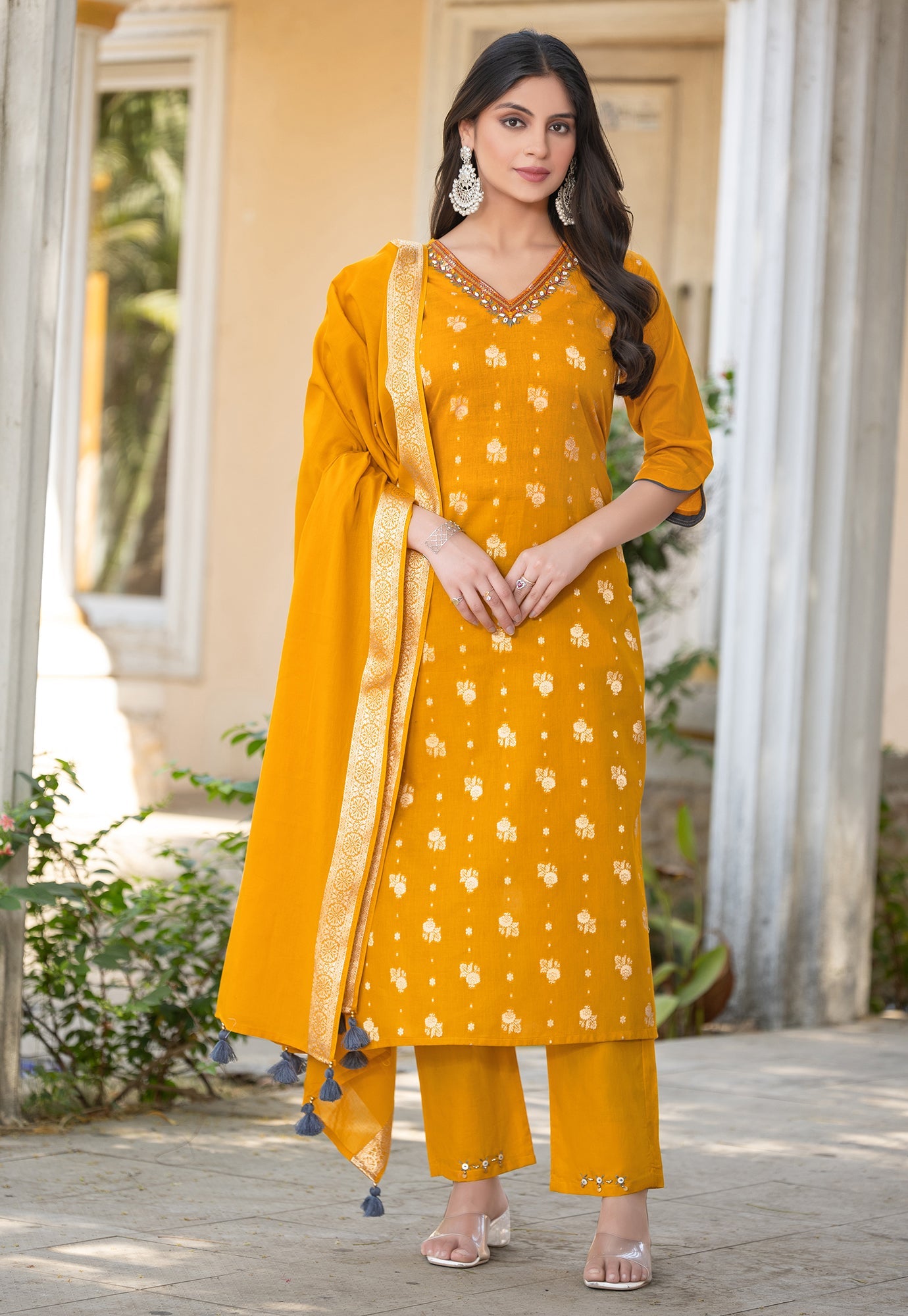Women Cotton Jequrd Kurta With Trouser & Dupatta-HANSHIKA