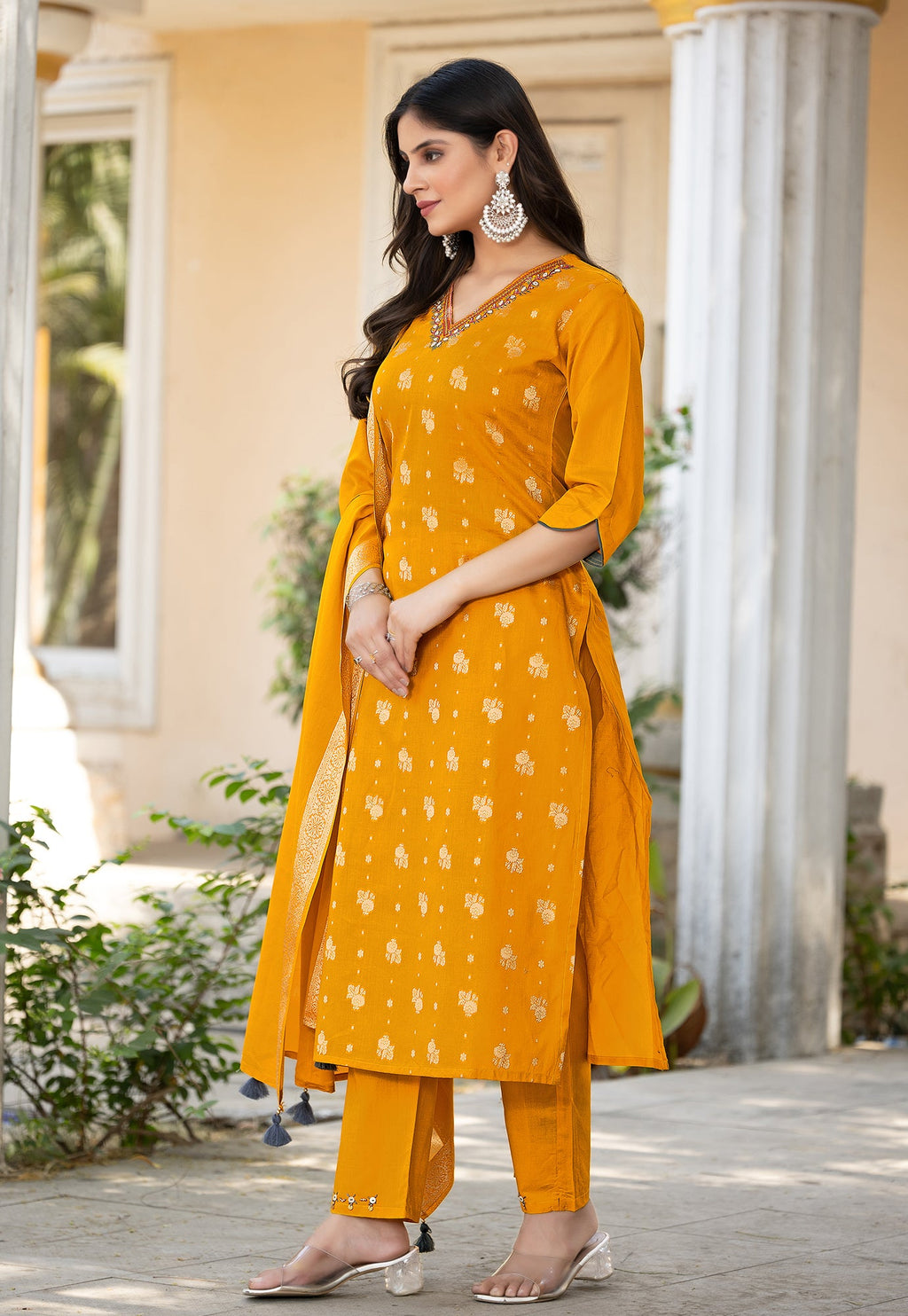 Women Cotton Jequrd Kurta With Trouser & Dupatta-HANSHIKA