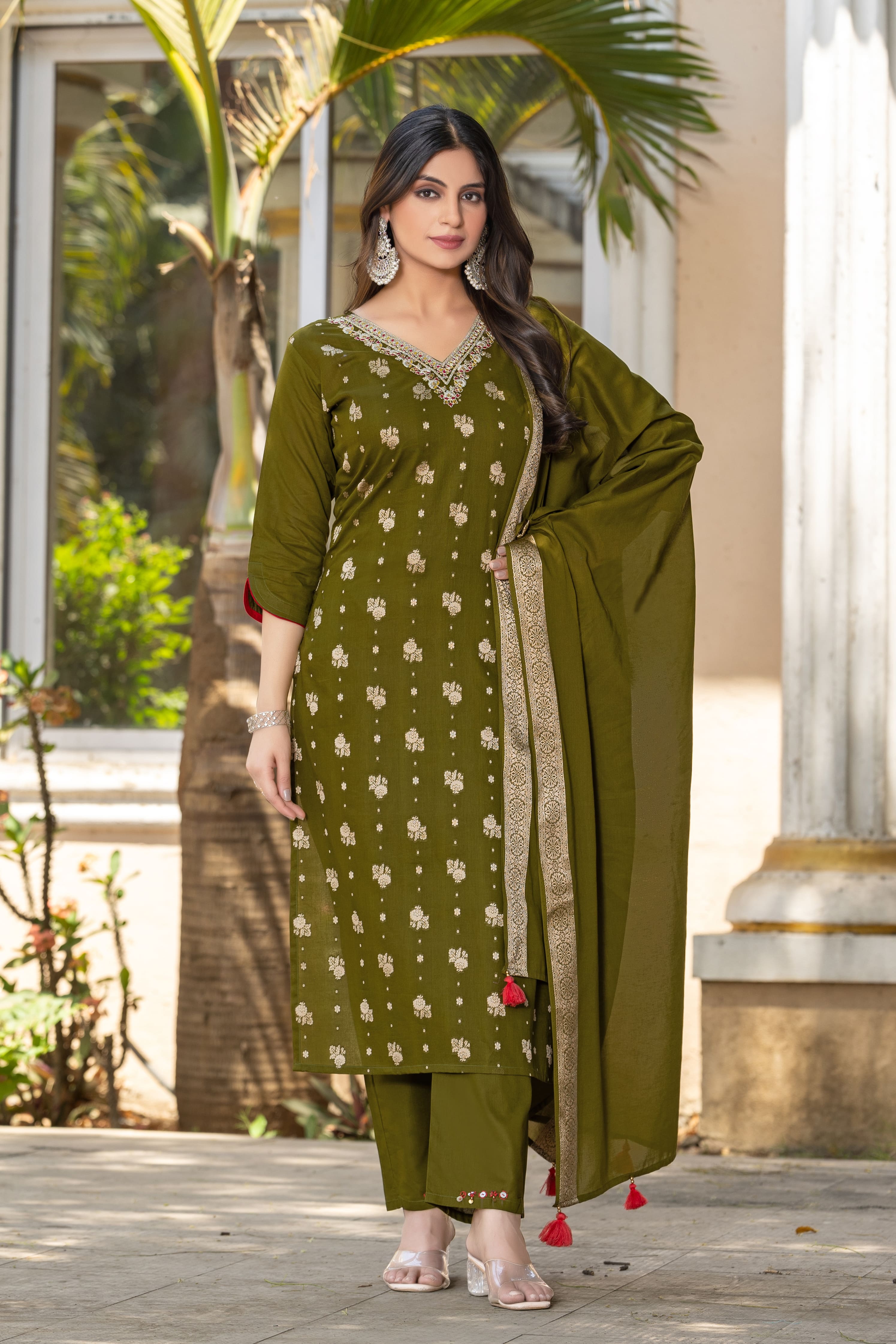 Women Cotton Jequrd Kurta With Trouser & Dupatta-HANSHIKA