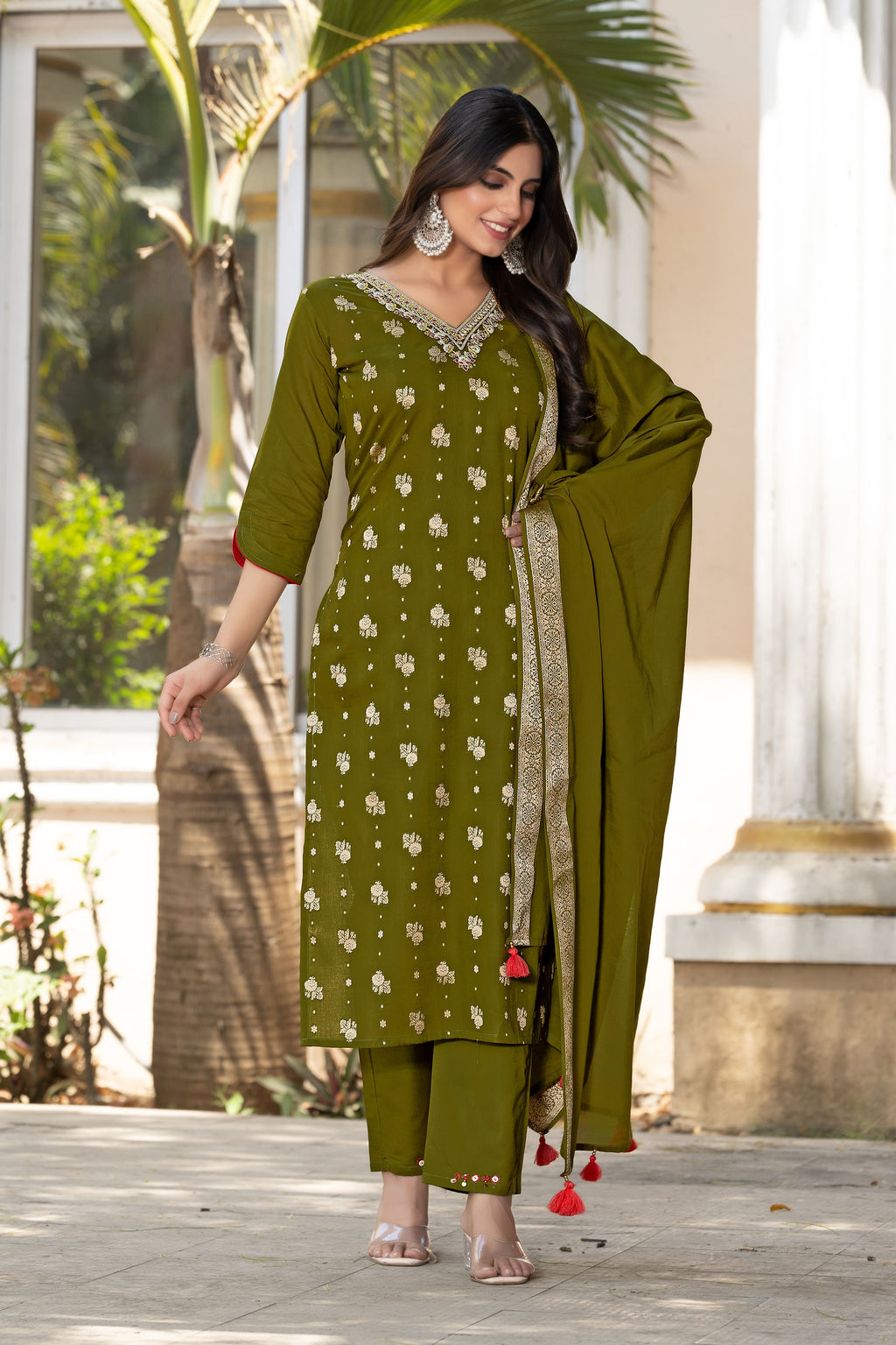 Women Cotton Jequrd Kurta With Trouser & Dupatta-HANSHIKA