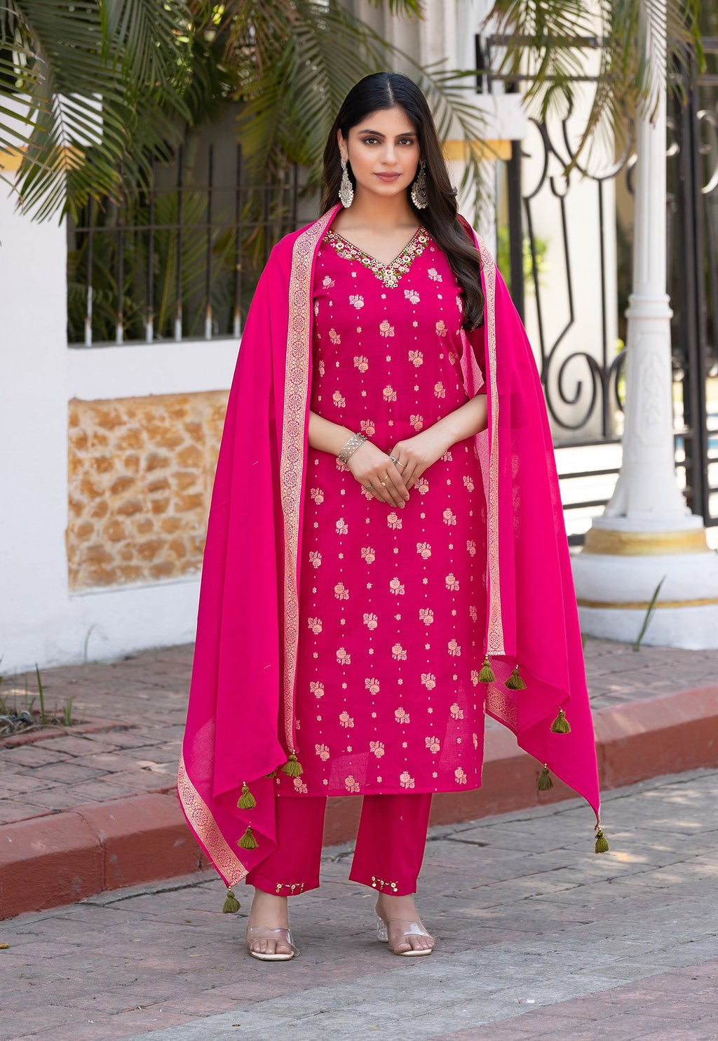 Women Cotton Jequrd Kurta With Trouser & Dupatta-HANSHIKA