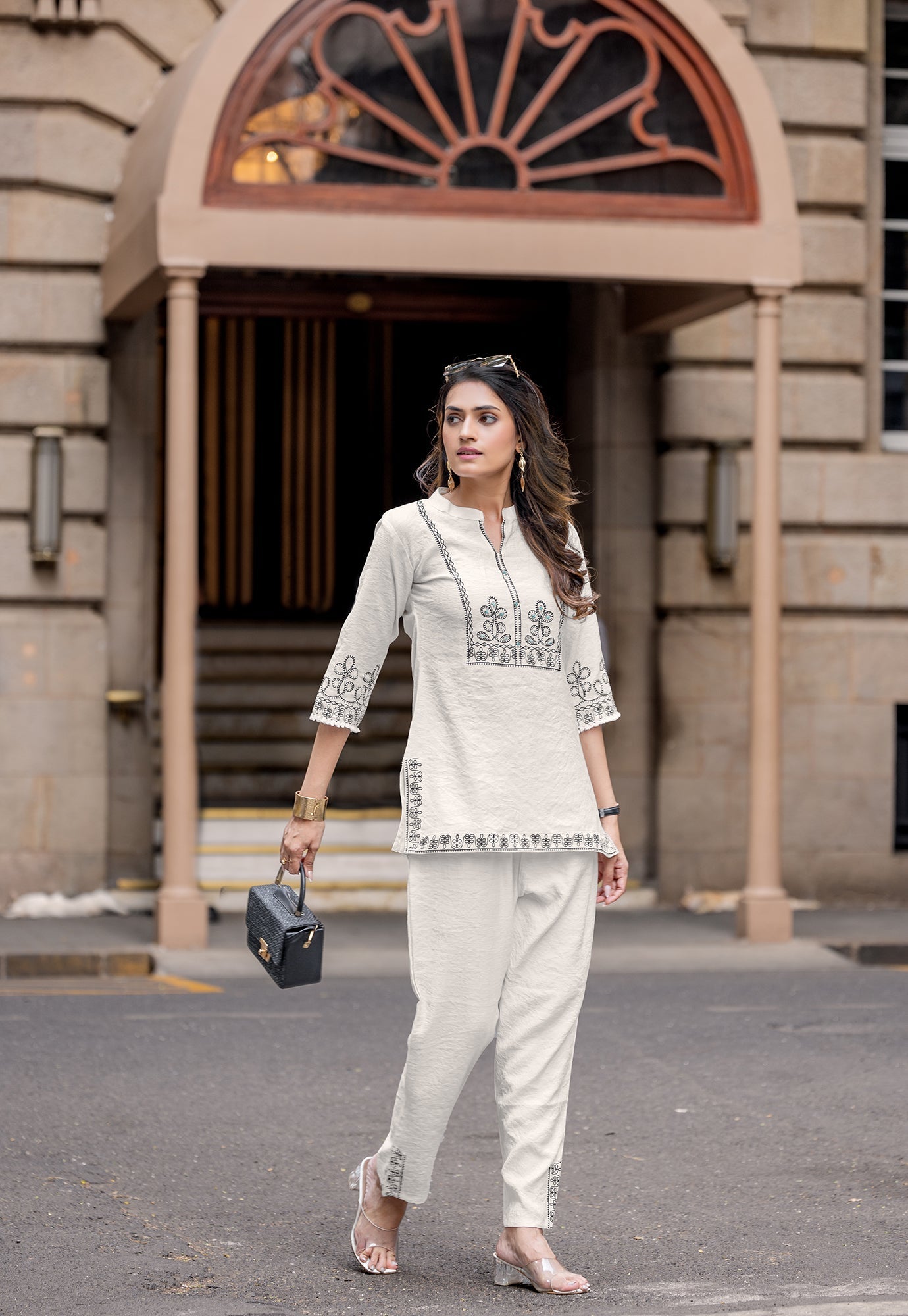 Printed Shirt Collar Top With Trousers Co-Ords-KORRA