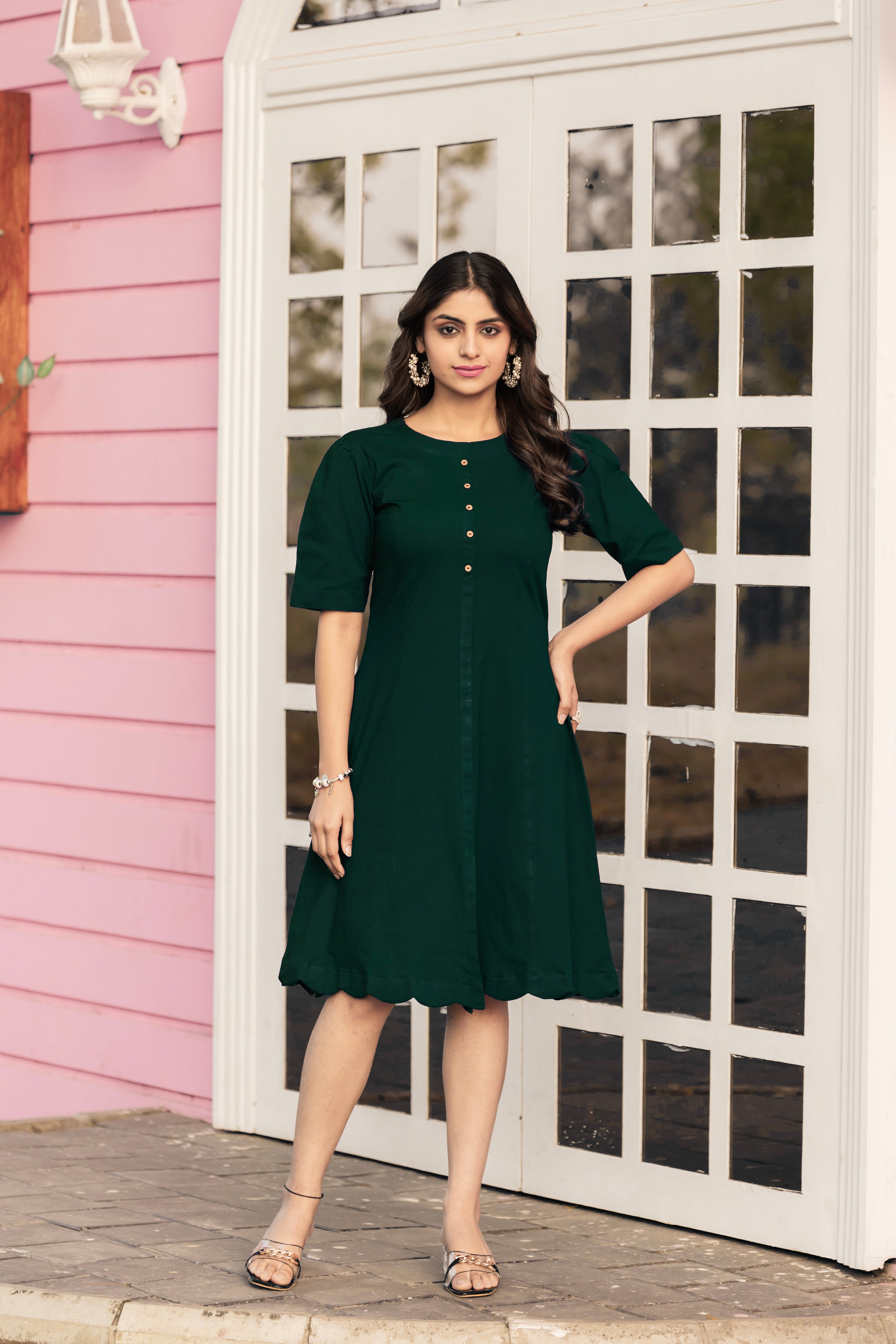 Women Green Colour Cotton Lycra Flare Above Mini Dress-OD11