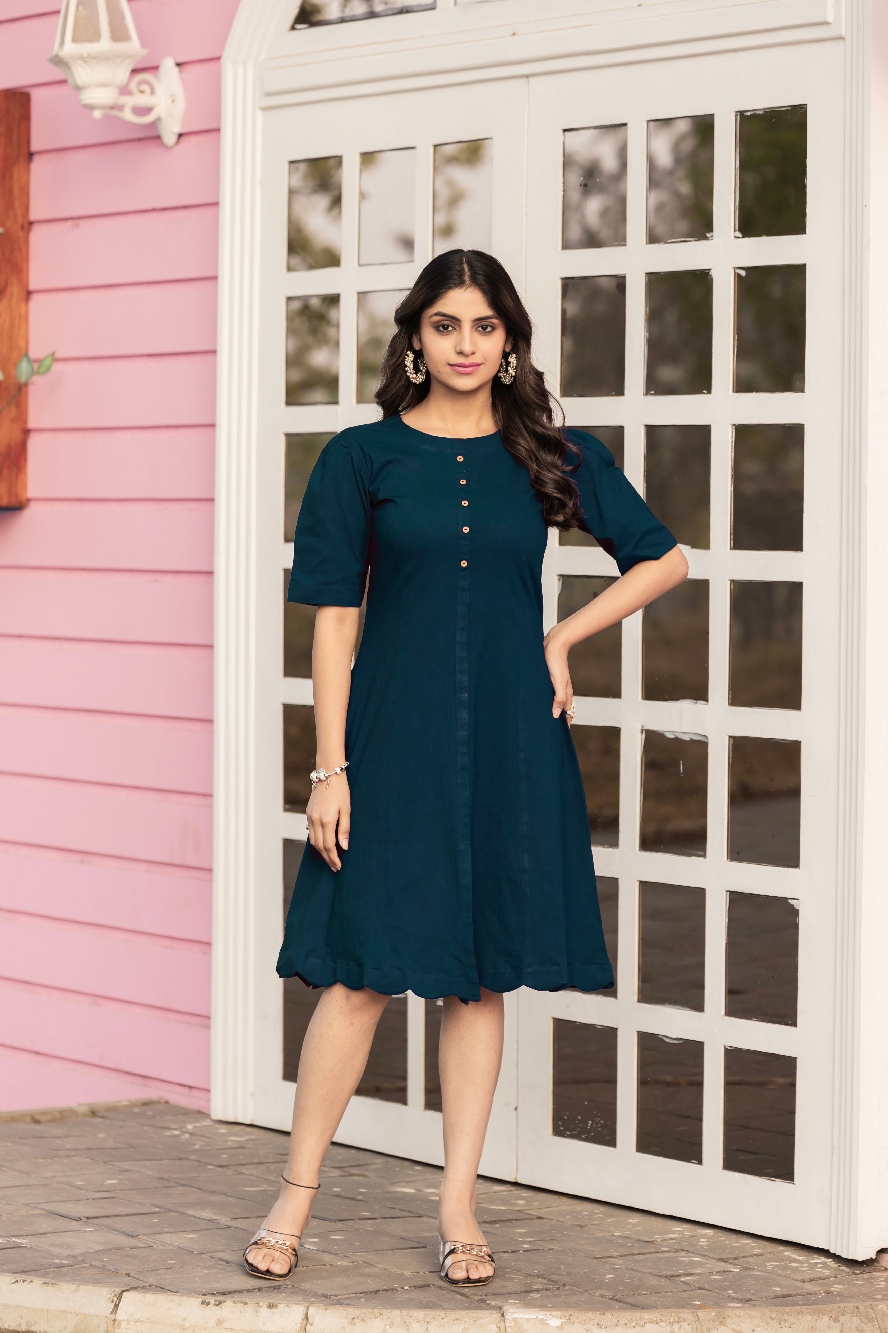 Women Navy Blue Colour Cotton Lycra Flare Above Mini Dress-OD12