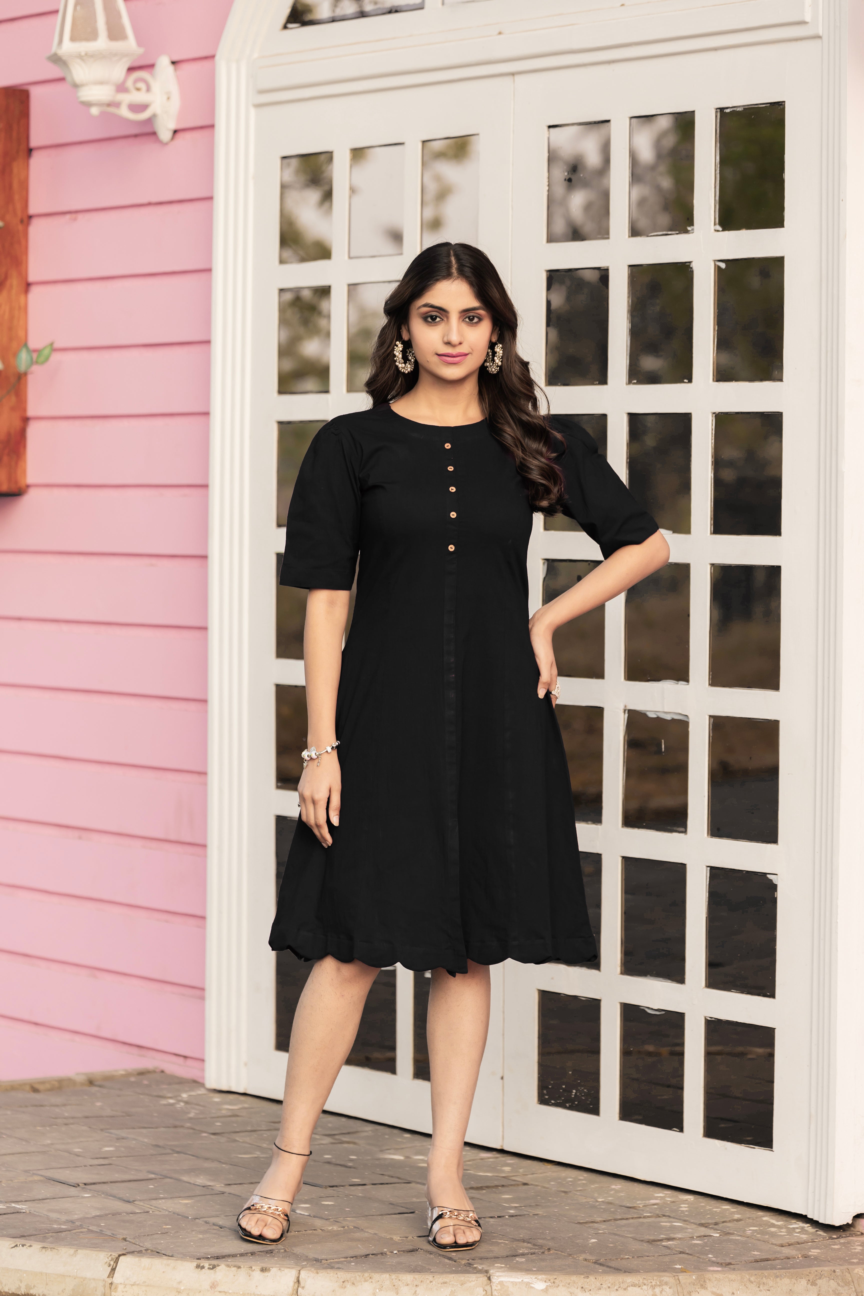 Women Black Colour Cotton Lycra Flare Above Mini Dress-OD13