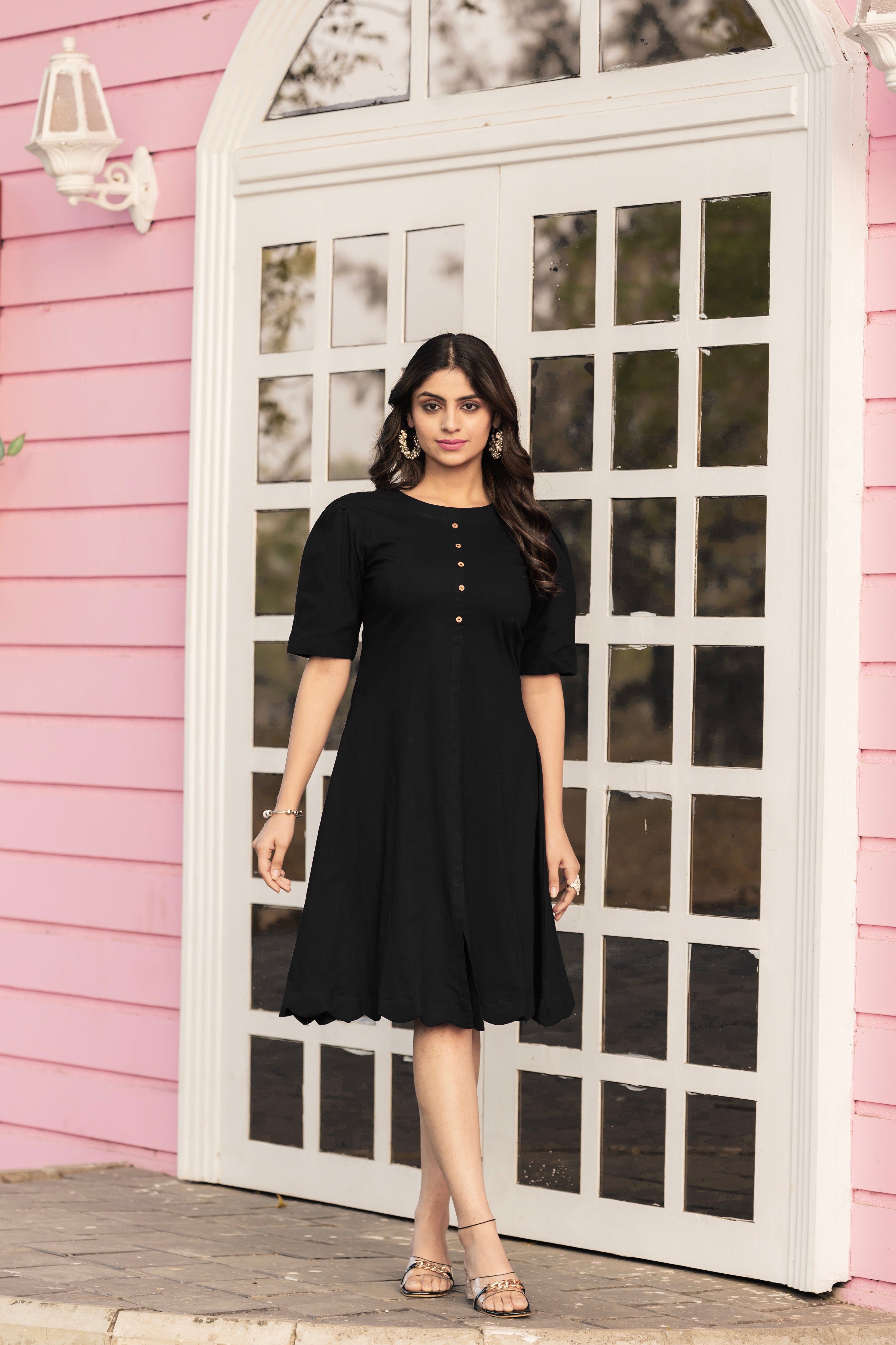 Women Black Colour Cotton Lycra Flare Above Mini Dress-OD13