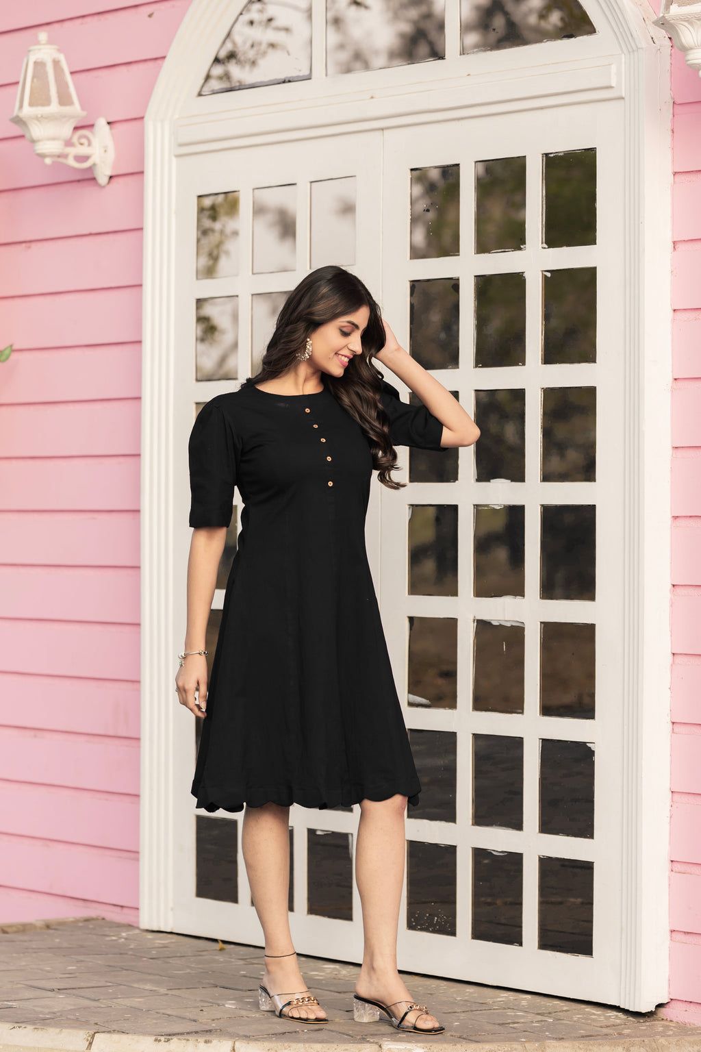Women Black Colour Cotton Lycra Flare Above Mini Dress-OD13