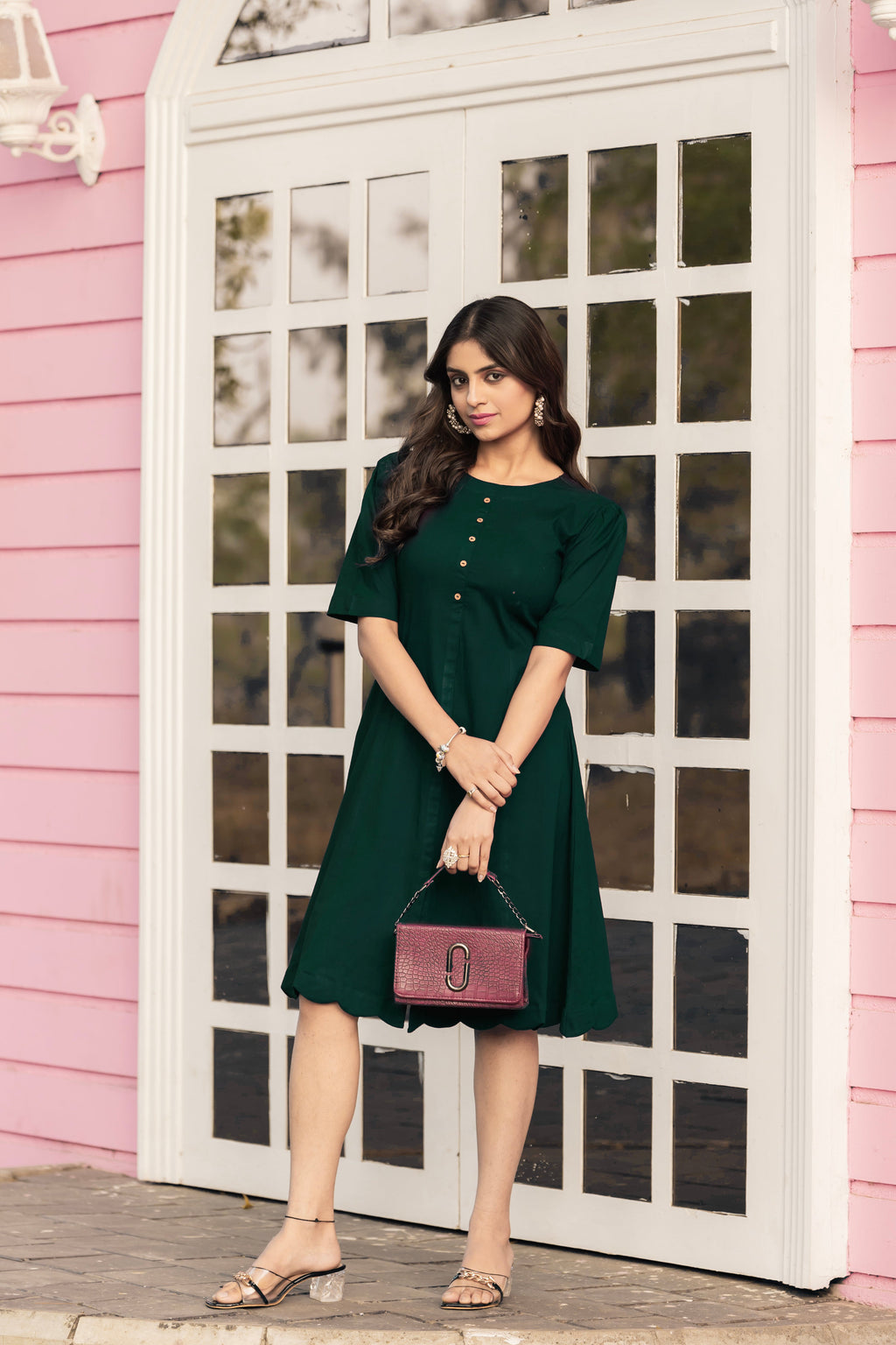 Women Green Colour Cotton Lycra Flare Above Mini Dress-OD11