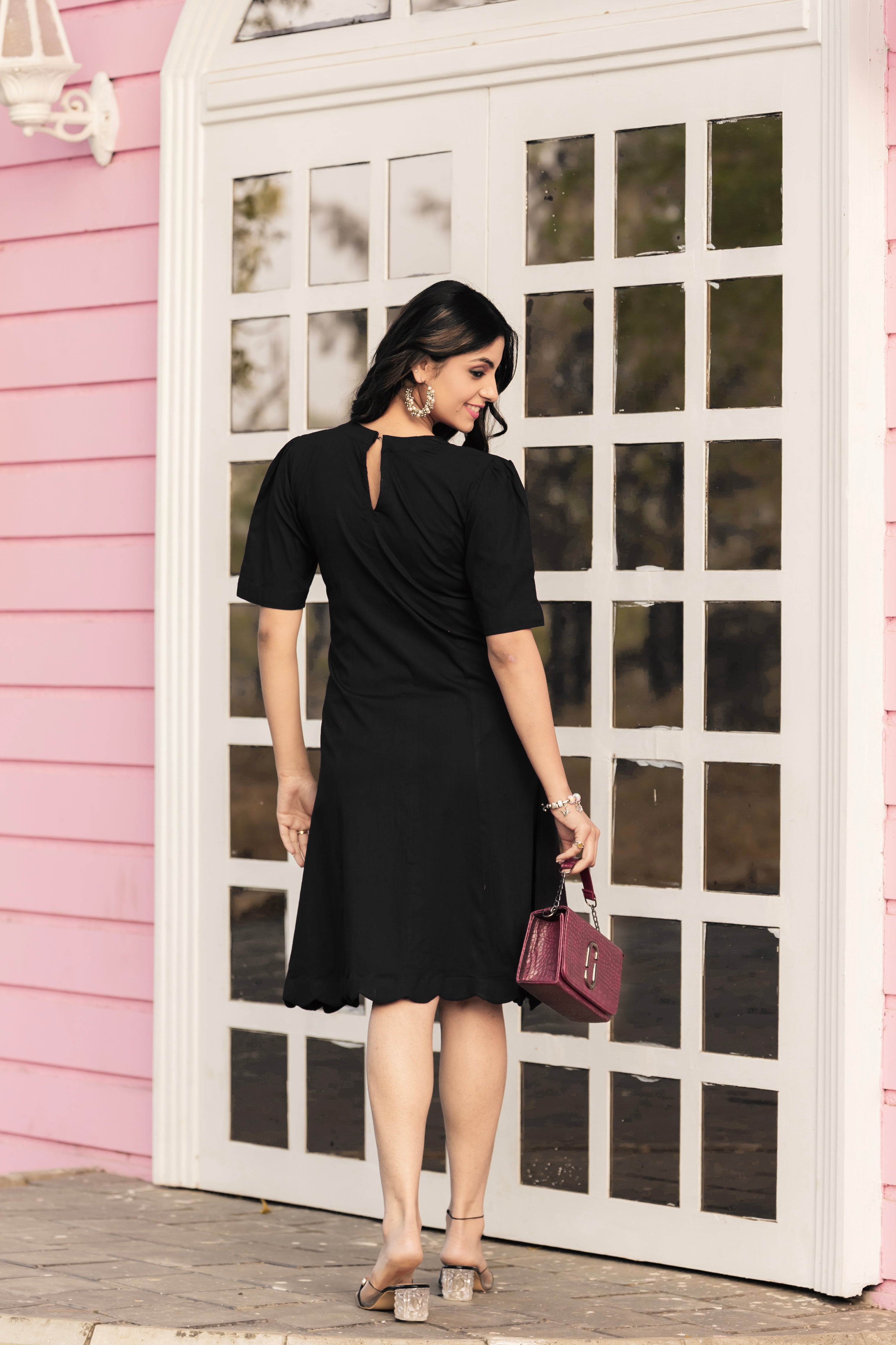 Women Black Colour Cotton Lycra Flare Above Mini Dress-OD13