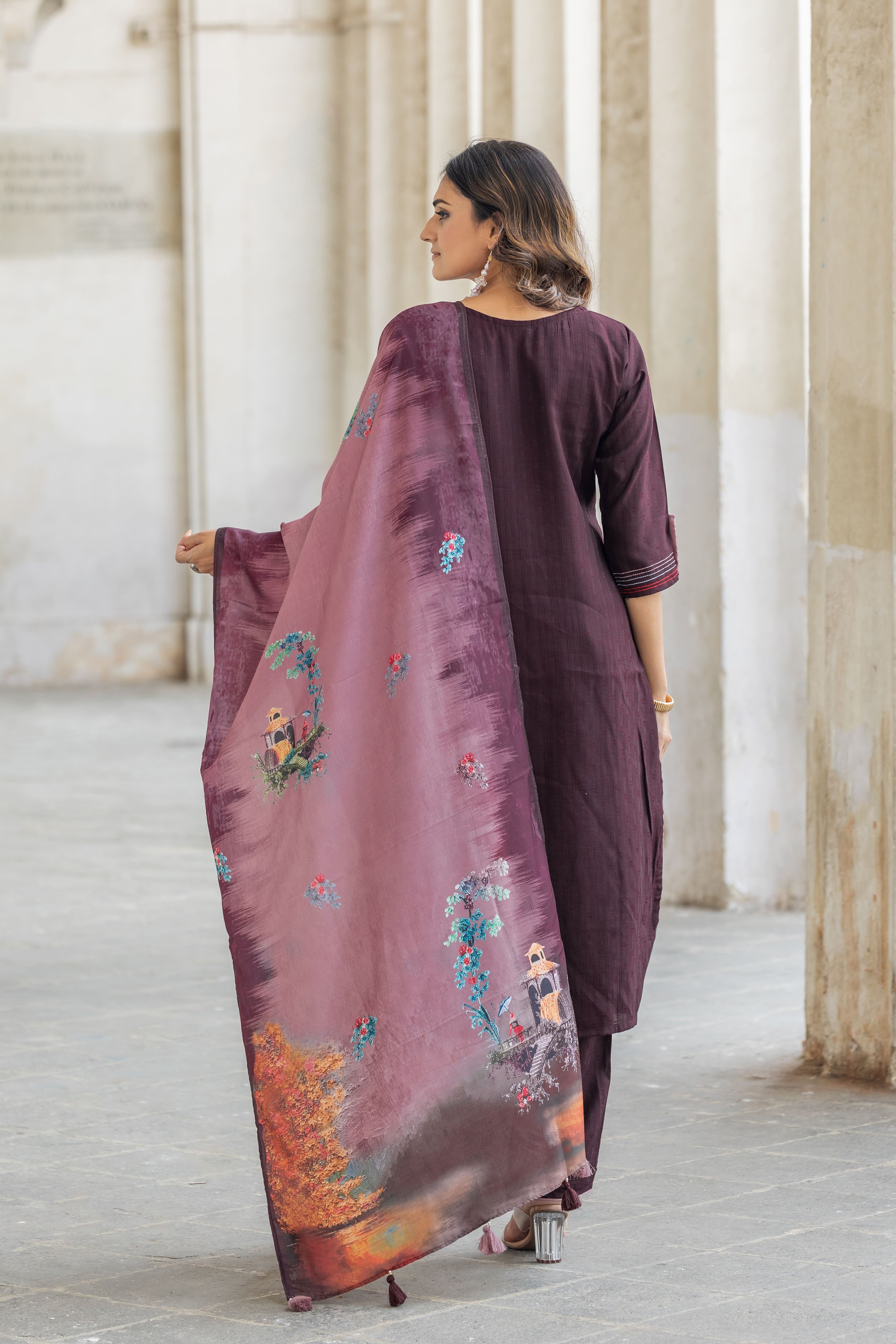 Floral Printed Round Neck Straight Kurta With Trousers & Dupatta-OD14