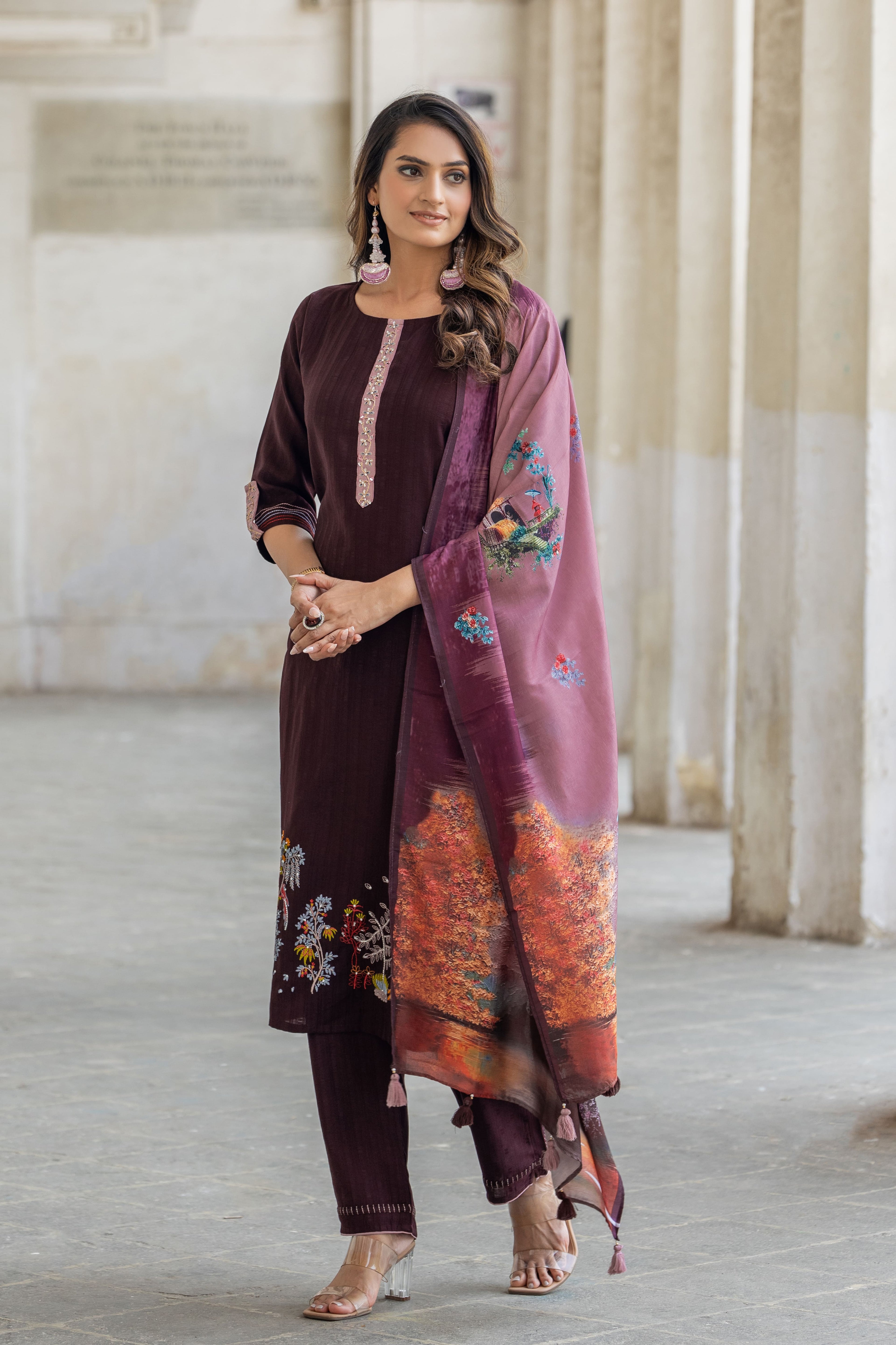 Floral Printed Round Neck Straight Kurta With Trousers & Dupatta-OD14