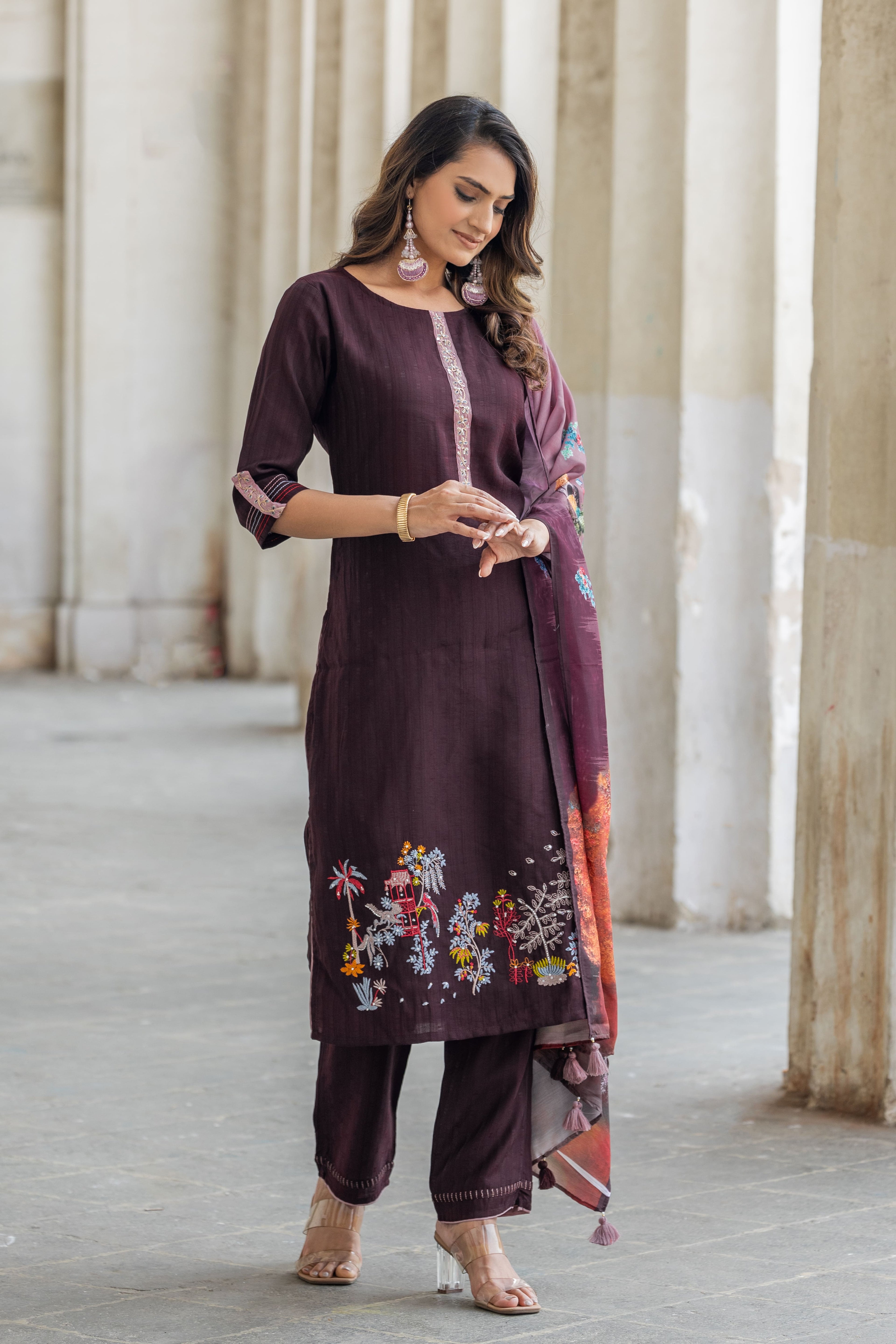 Floral Printed Round Neck Straight Kurta With Trousers & Dupatta-OD14