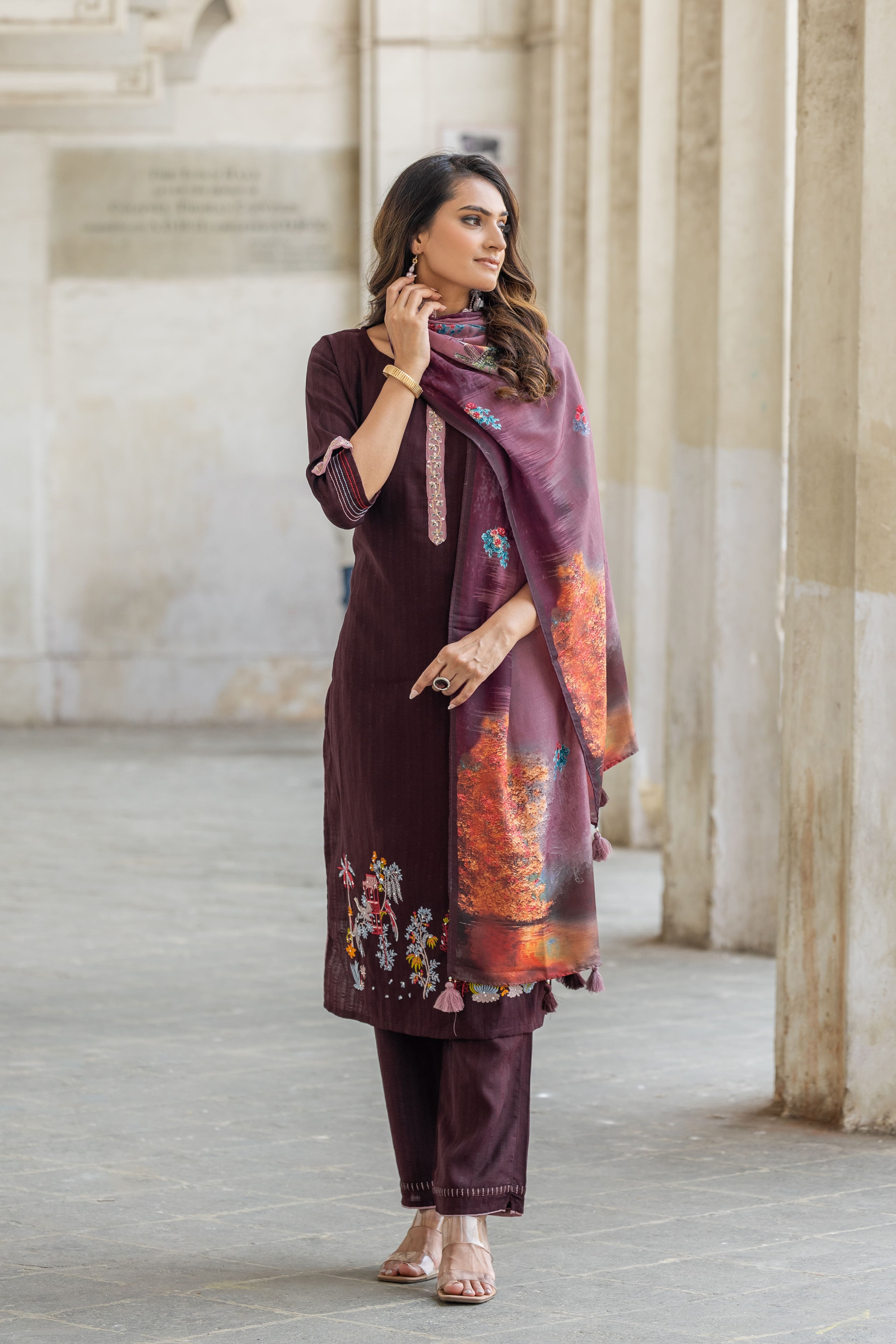 Floral Printed Round Neck Straight Kurta With Trousers & Dupatta-OD14