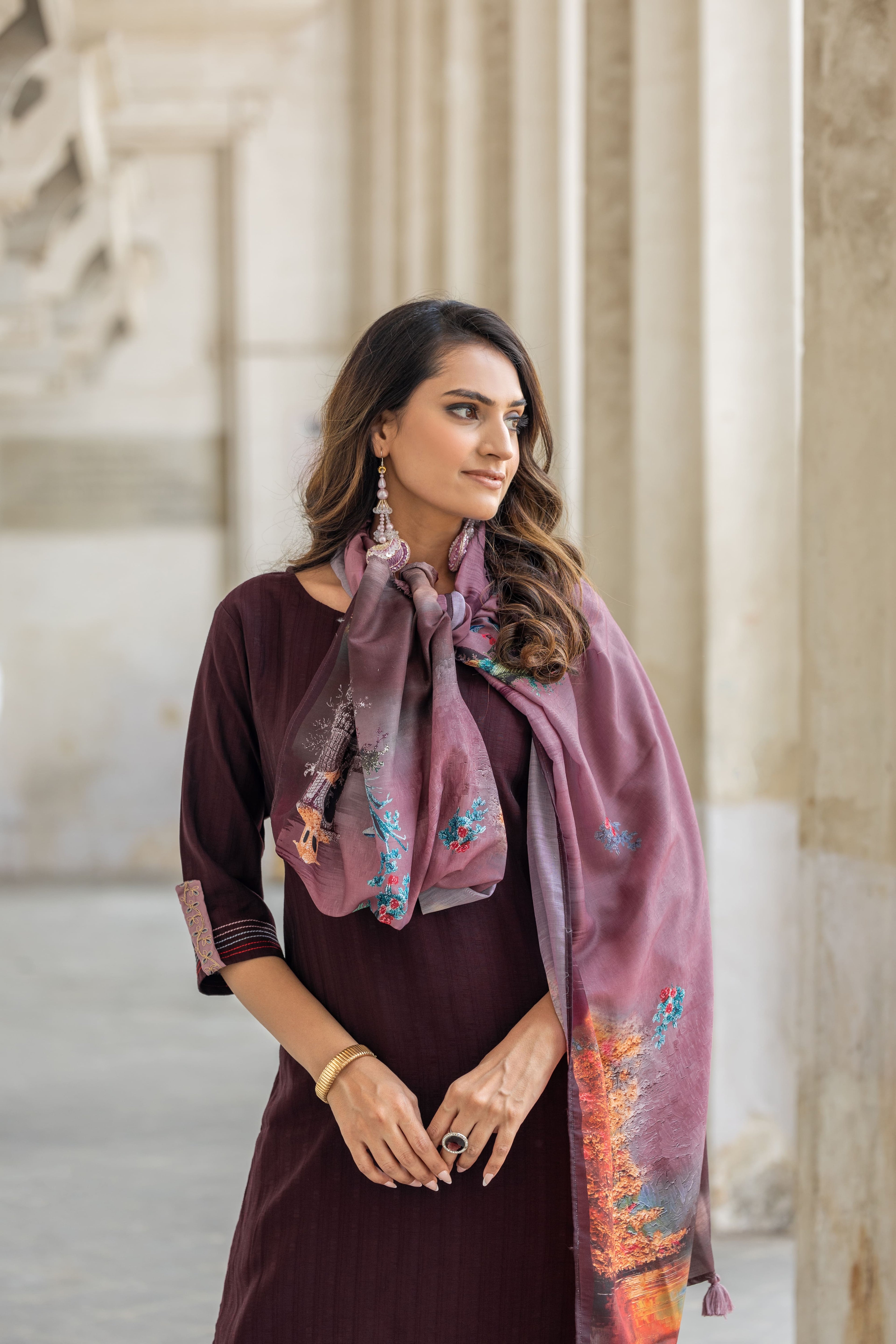 Floral Printed Round Neck Straight Kurta With Trousers & Dupatta-OD14