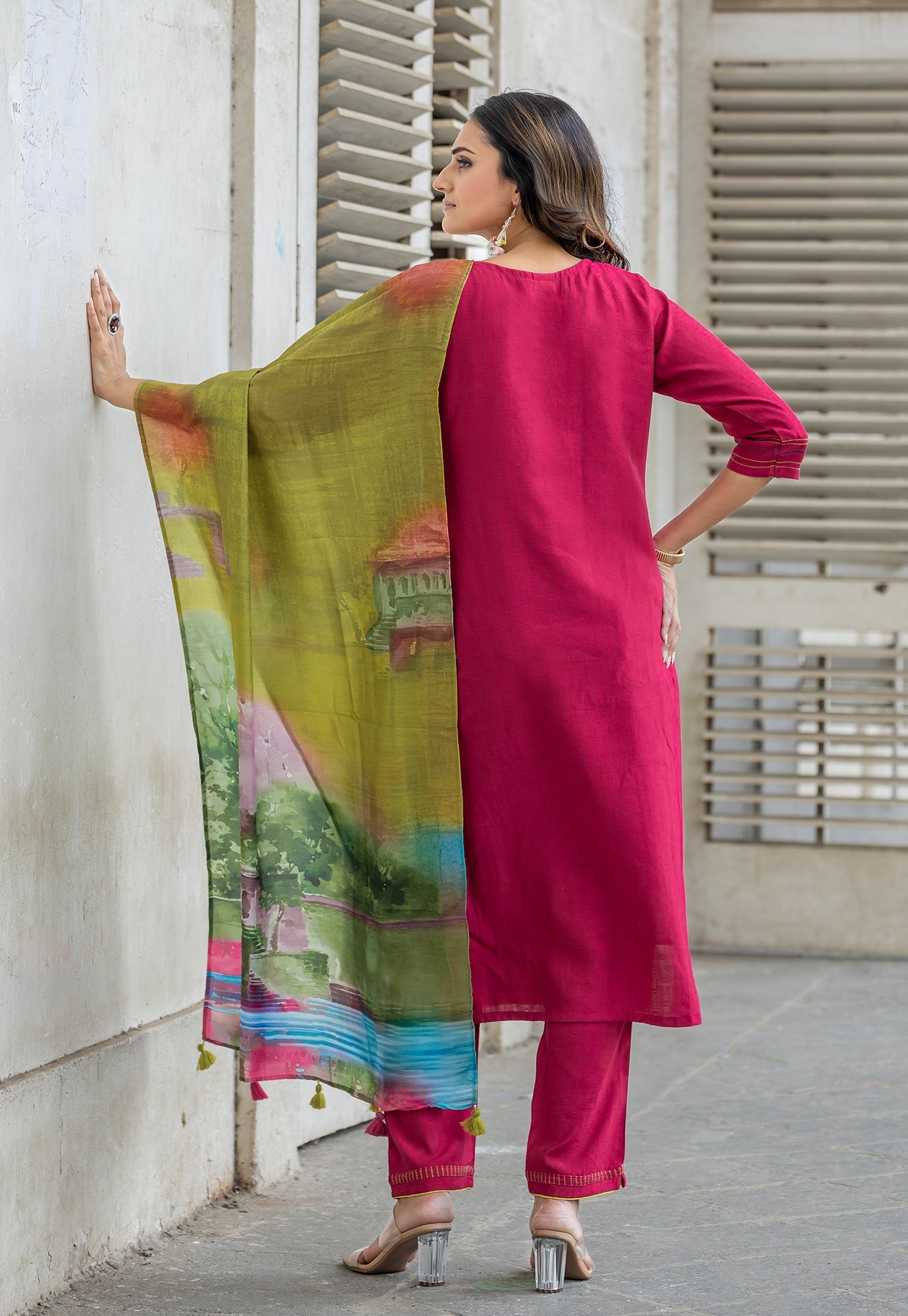 Floral Printed Round Neck Straight Kurta With Trousers & Dupatta-OD4PINK