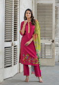 Floral Printed Round Neck Straight Kurta With Trousers & Dupatta-OD4PINK