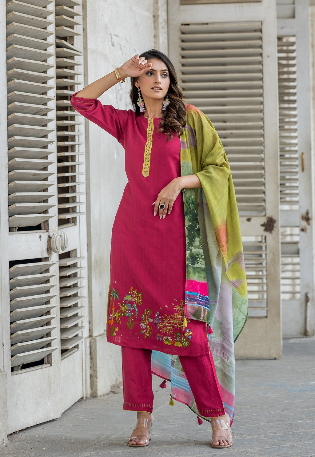 Floral Printed Round Neck Straight Kurta With Trousers & Dupatta-OD4PINK