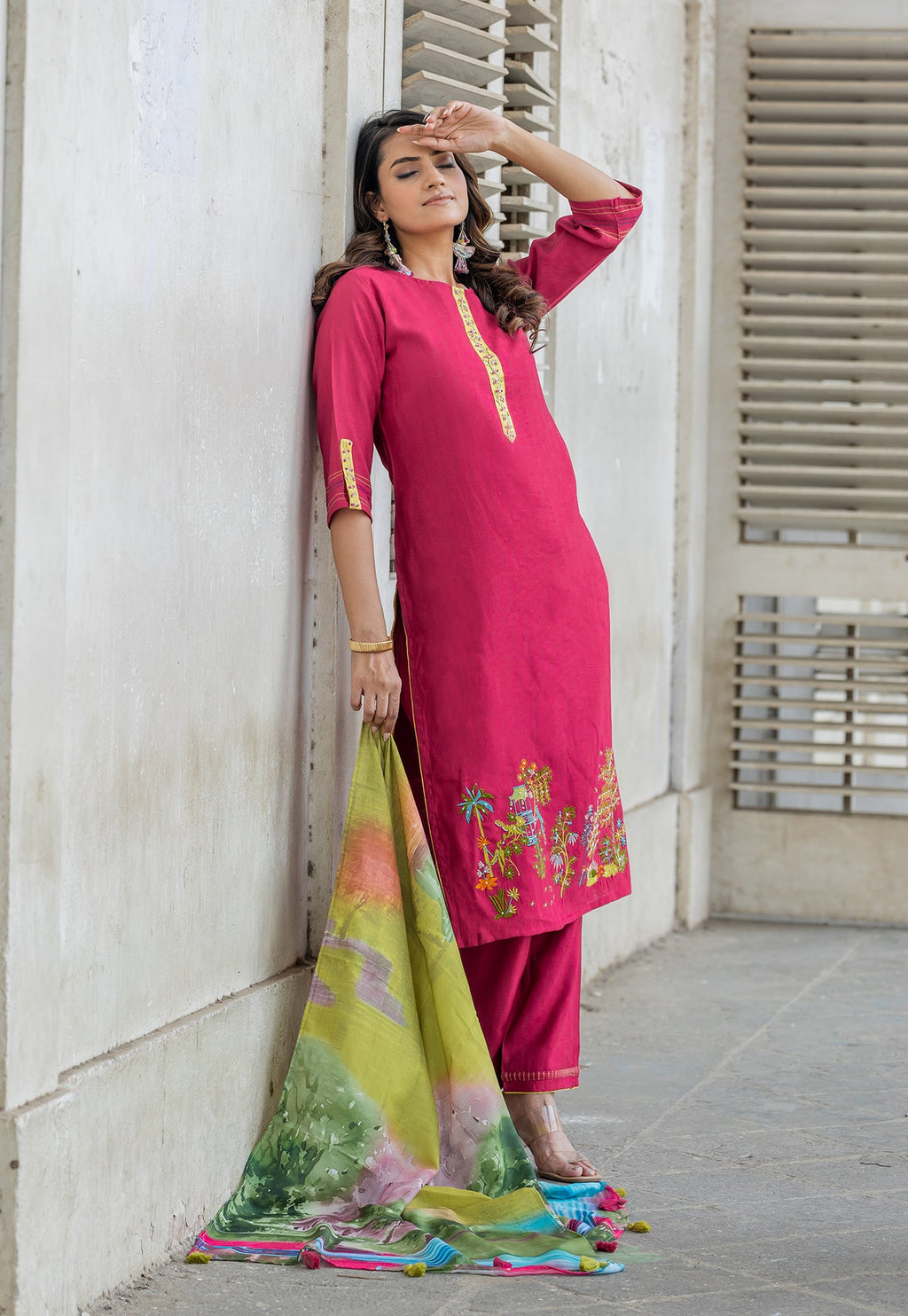 Floral Printed Round Neck Straight Kurta With Trousers & Dupatta-OD4PINK
