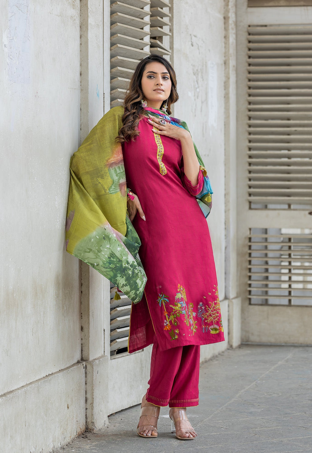 Floral Printed Round Neck Straight Kurta With Trousers & Dupatta-OD4PINK