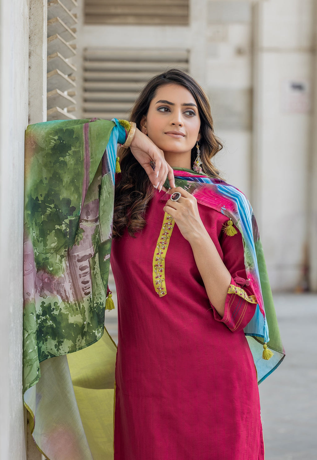 Floral Printed Round Neck Straight Kurta With Trousers & Dupatta-OD4PINK