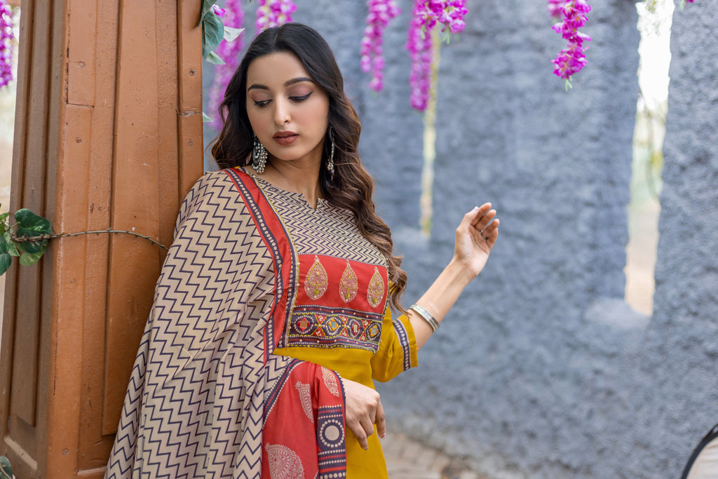 Women Modal Straight Kurta With Pant And Dupatta Suit Set-AMAYA