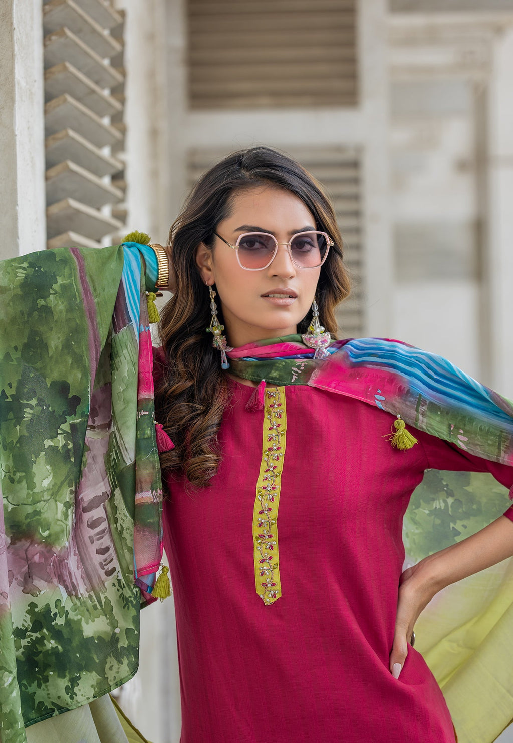 Floral Printed Round Neck Straight Kurta With Trousers & Dupatta-OD4PINK