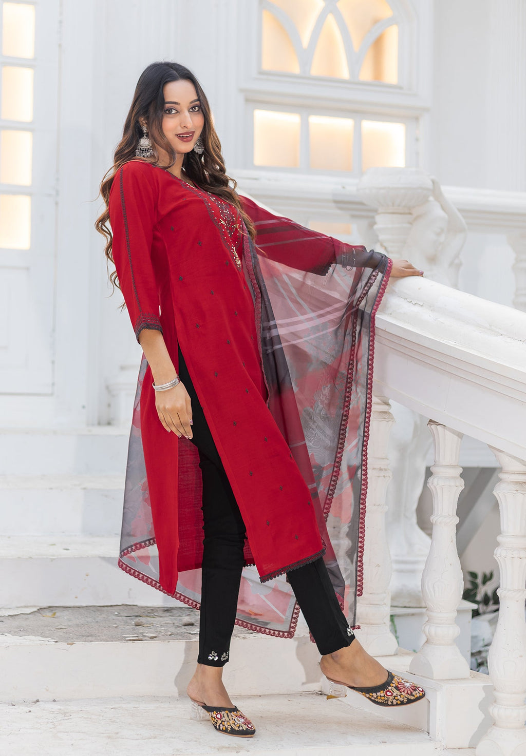 Women Modal Embroidery Straight Kurta With Pant And Dupatta Suit Set-NIRVEE
