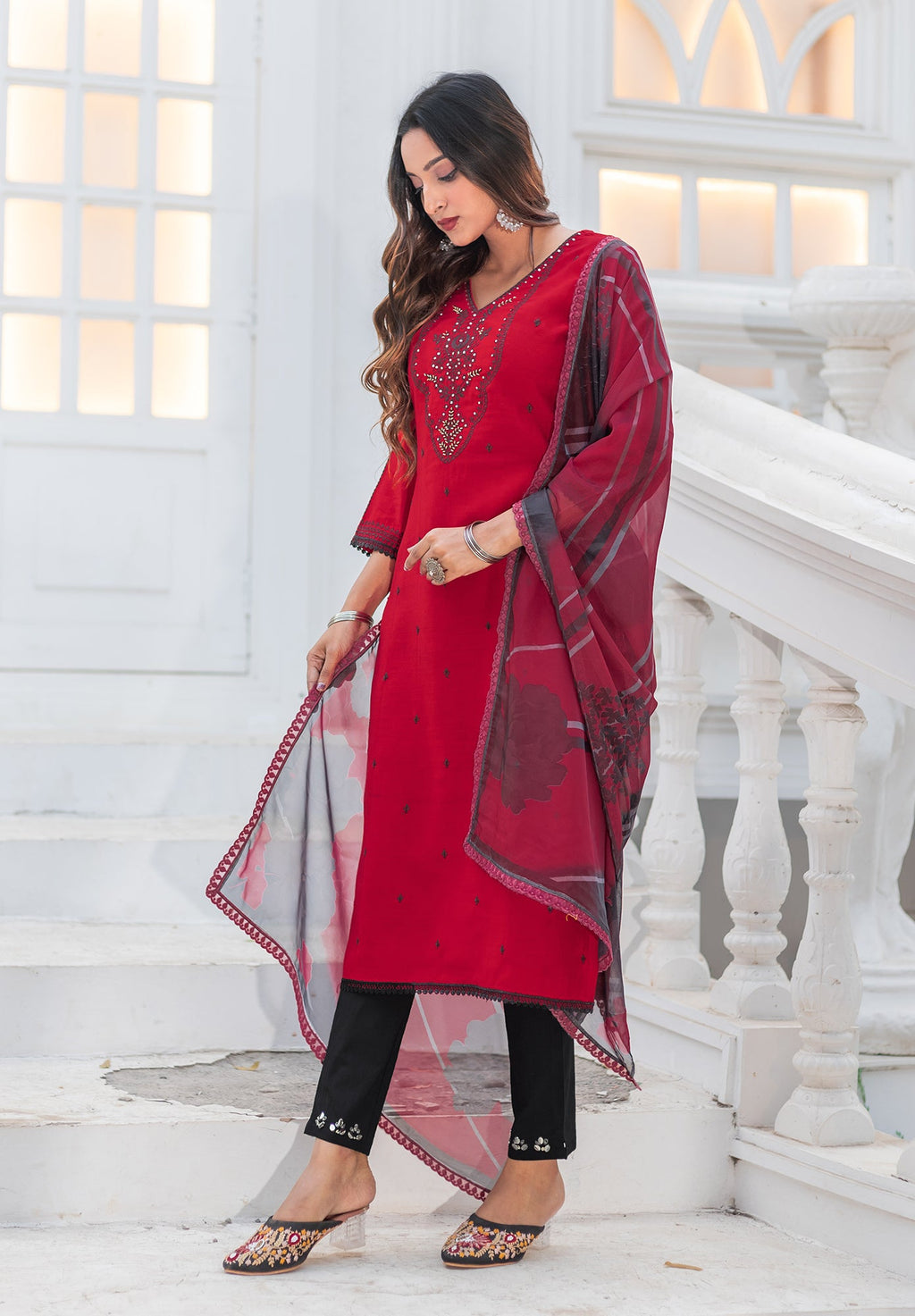 Women Modal Embroidery Straight Kurta With Pant And Dupatta Suit Set-NIRVEE
