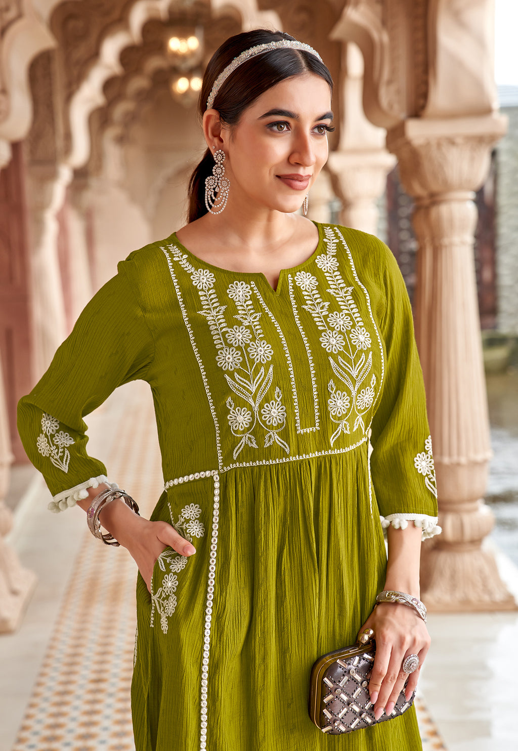 Women Floral Embroidered Pleated Thread Work Kurta with Trousers-NOVA
