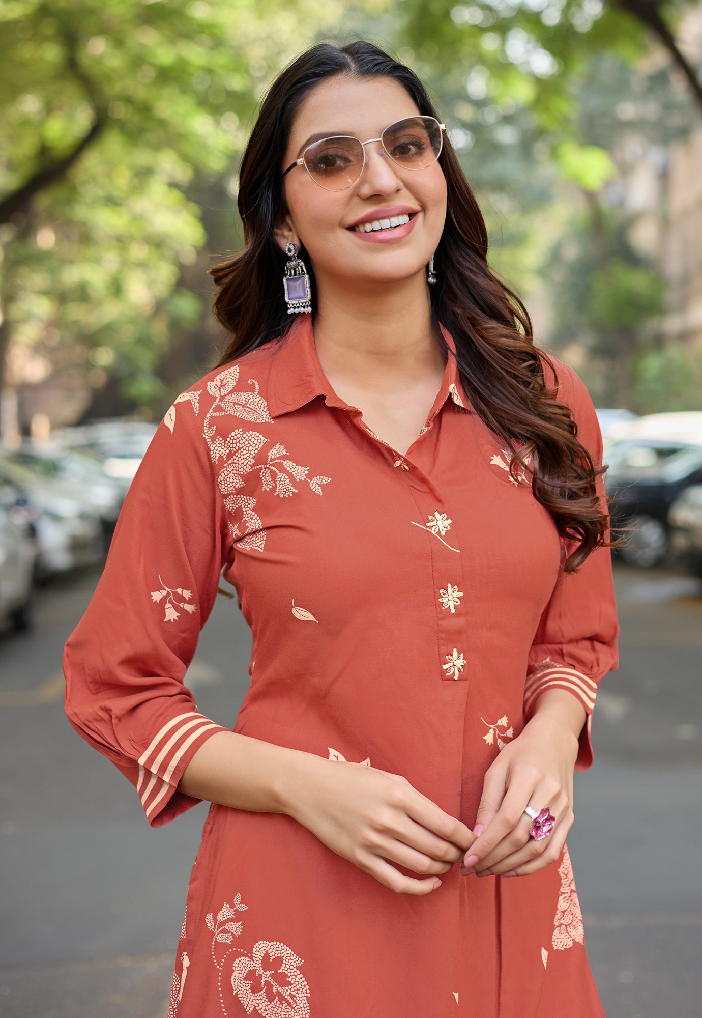 Printed Shirt Collar Tunic & Trousers Co-Ords-RASIKA