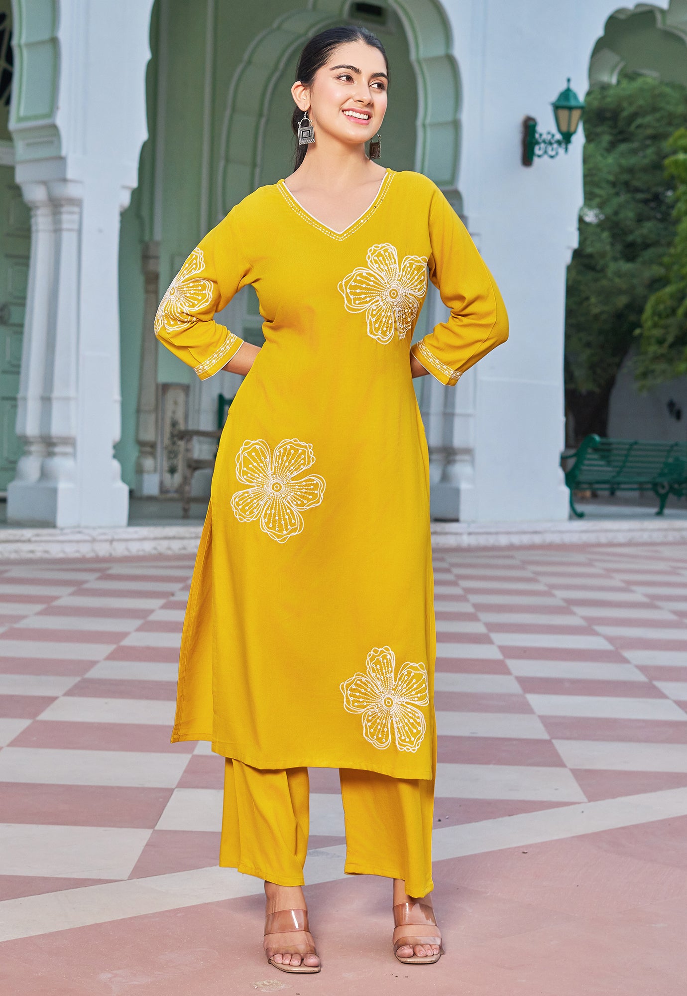 Women Floral Embroidered Kurta with Palazzos-RAMYAA
