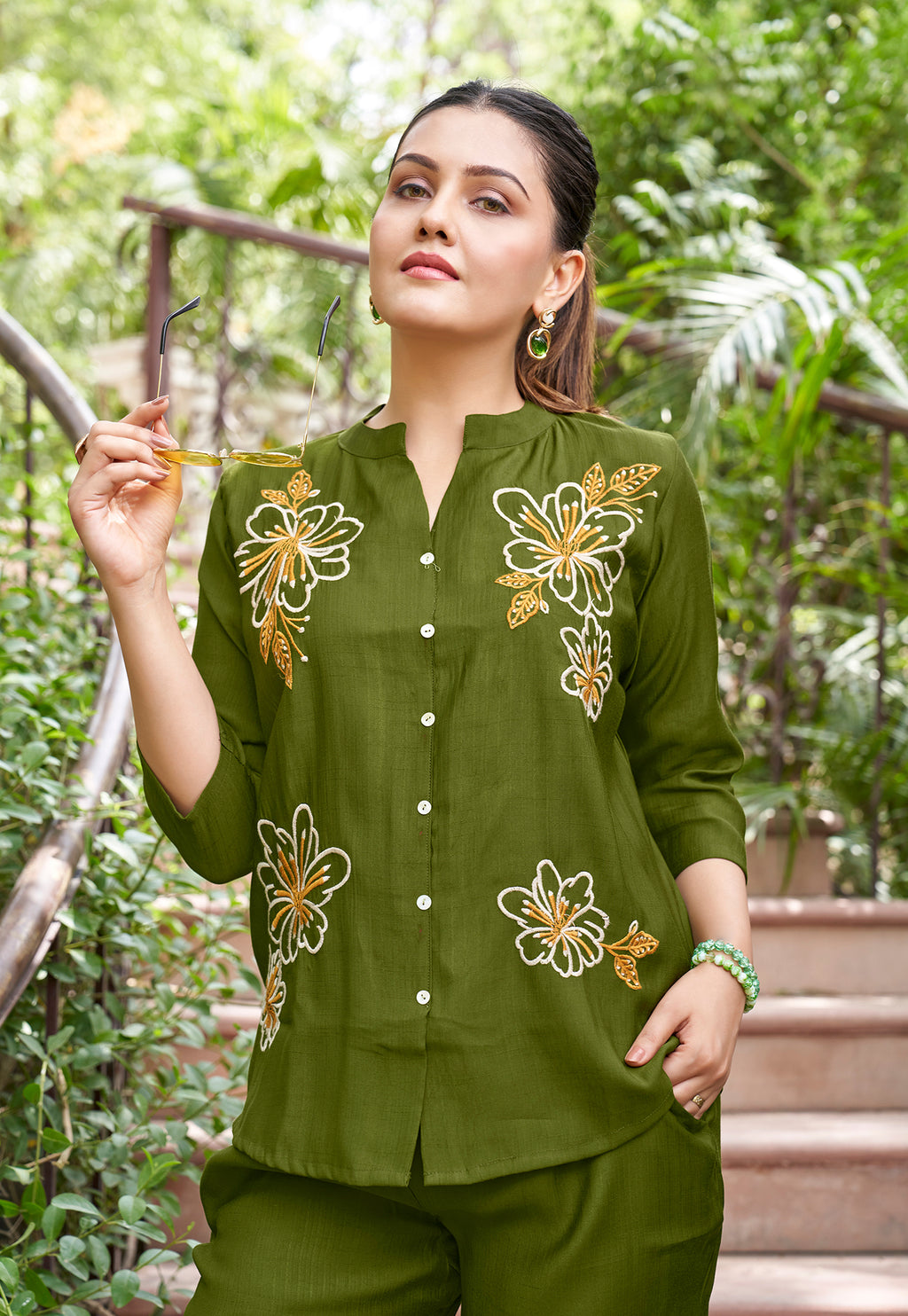 Embroidered Mandarin Collar Neck Shirt With Trousers-PRANJAL