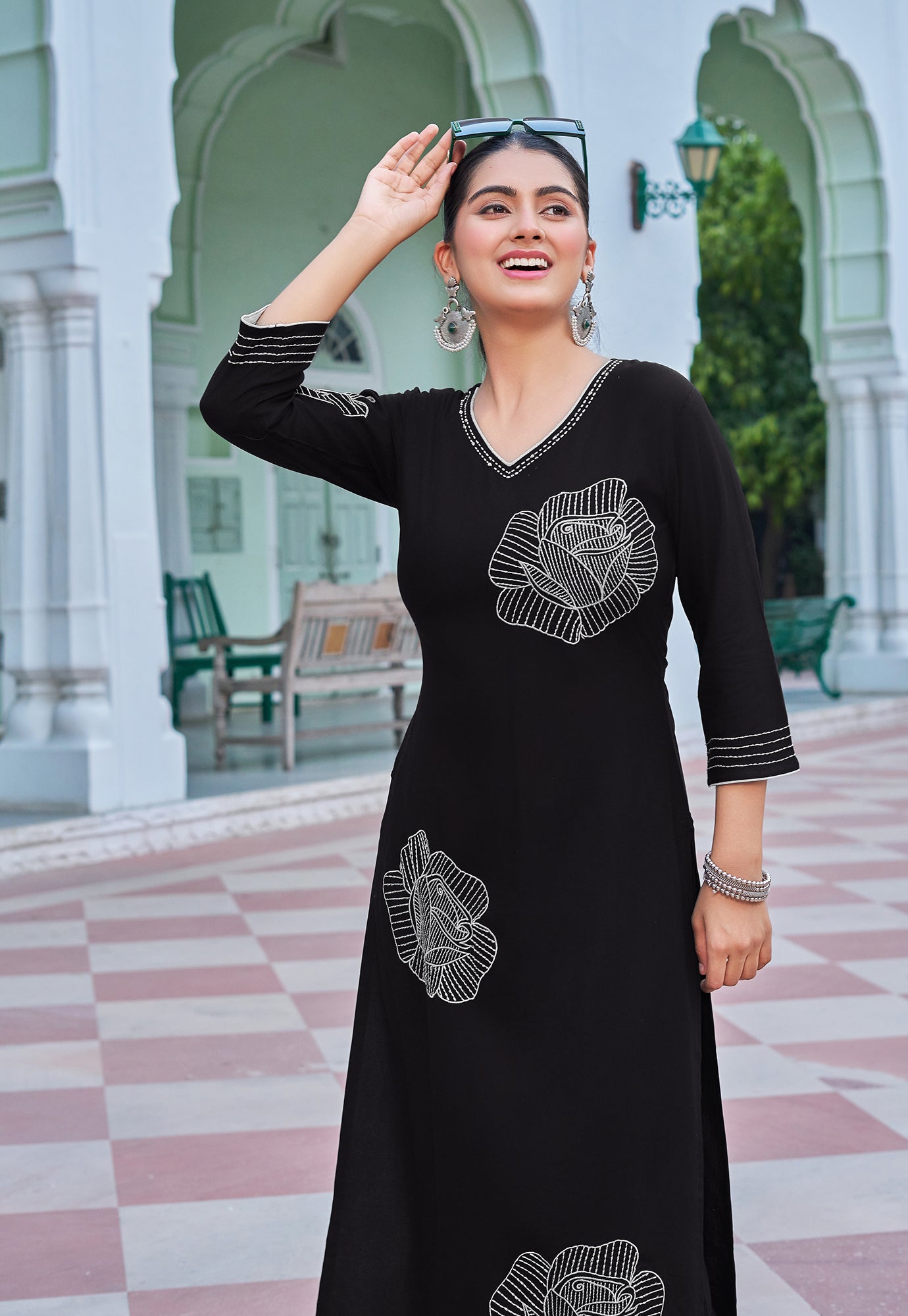 Women Floral Embroidered Kurta with Palazzos-RAMYAA