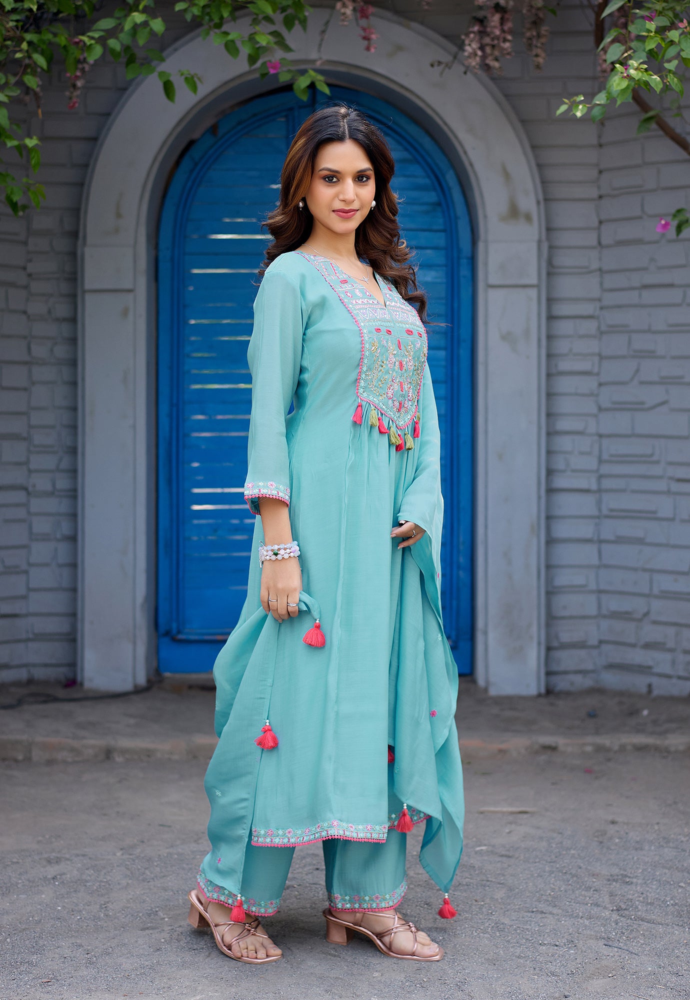 Women Ethnic Motifs Embroidered  Thread Work Chanderi  Kurta with Palazzos &  Dupatta-IV-1036
