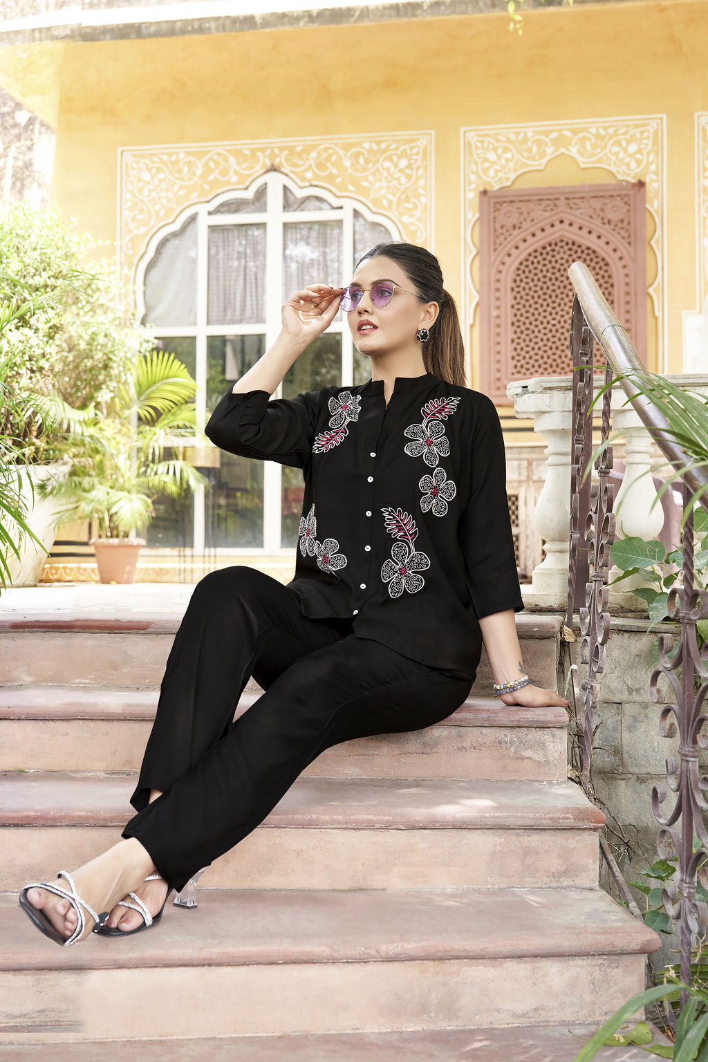 Embroidered Mandarin Collar Neck Shirt With Trousers-PRANJAL