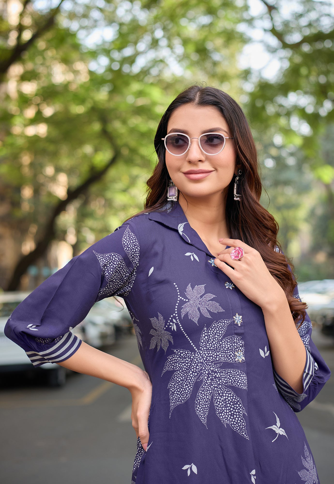 Printed Shirt Collar Tunic & Trousers Co-Ords-RASIKA