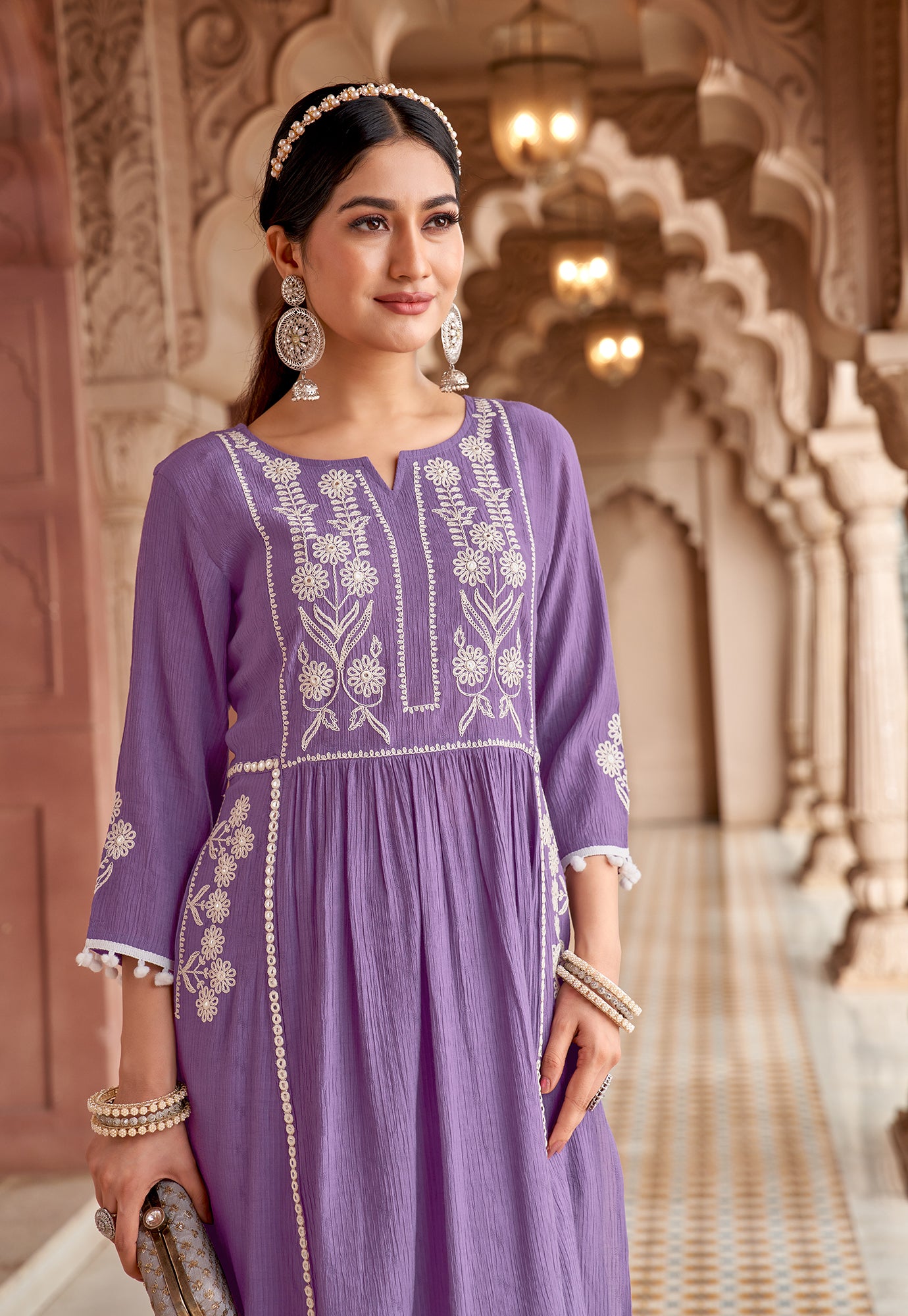 Women Floral Embroidered Pleated Thread Work Kurta with Trousers-NOVA