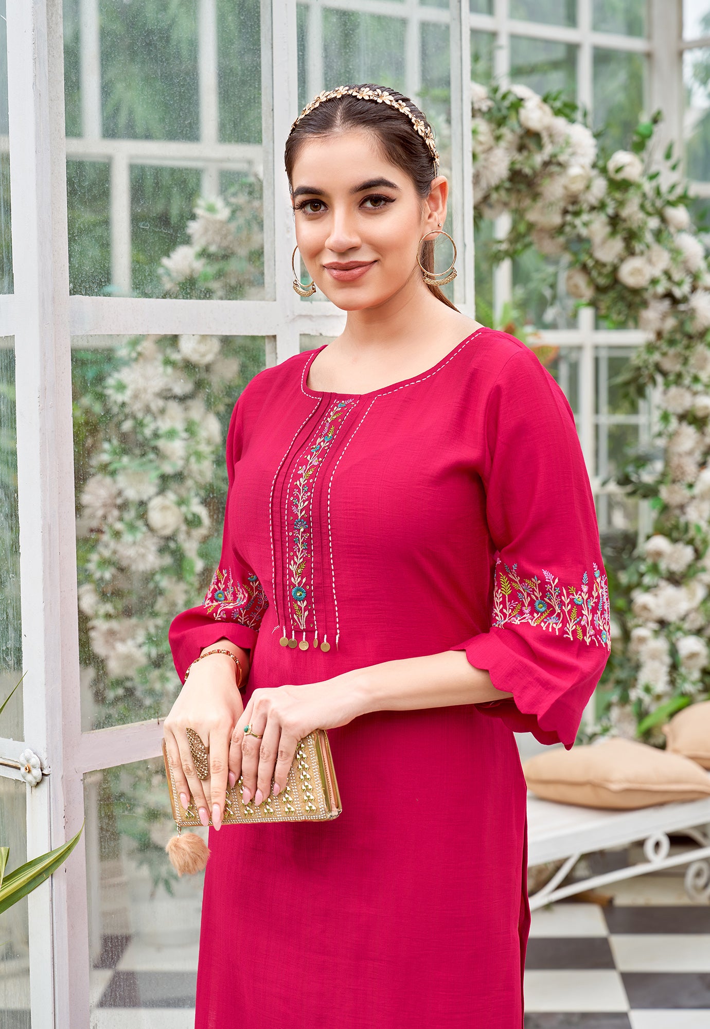 Floral Embroidered Flared Sleeves Thread Work Thread Work Kurti-ZAREENA