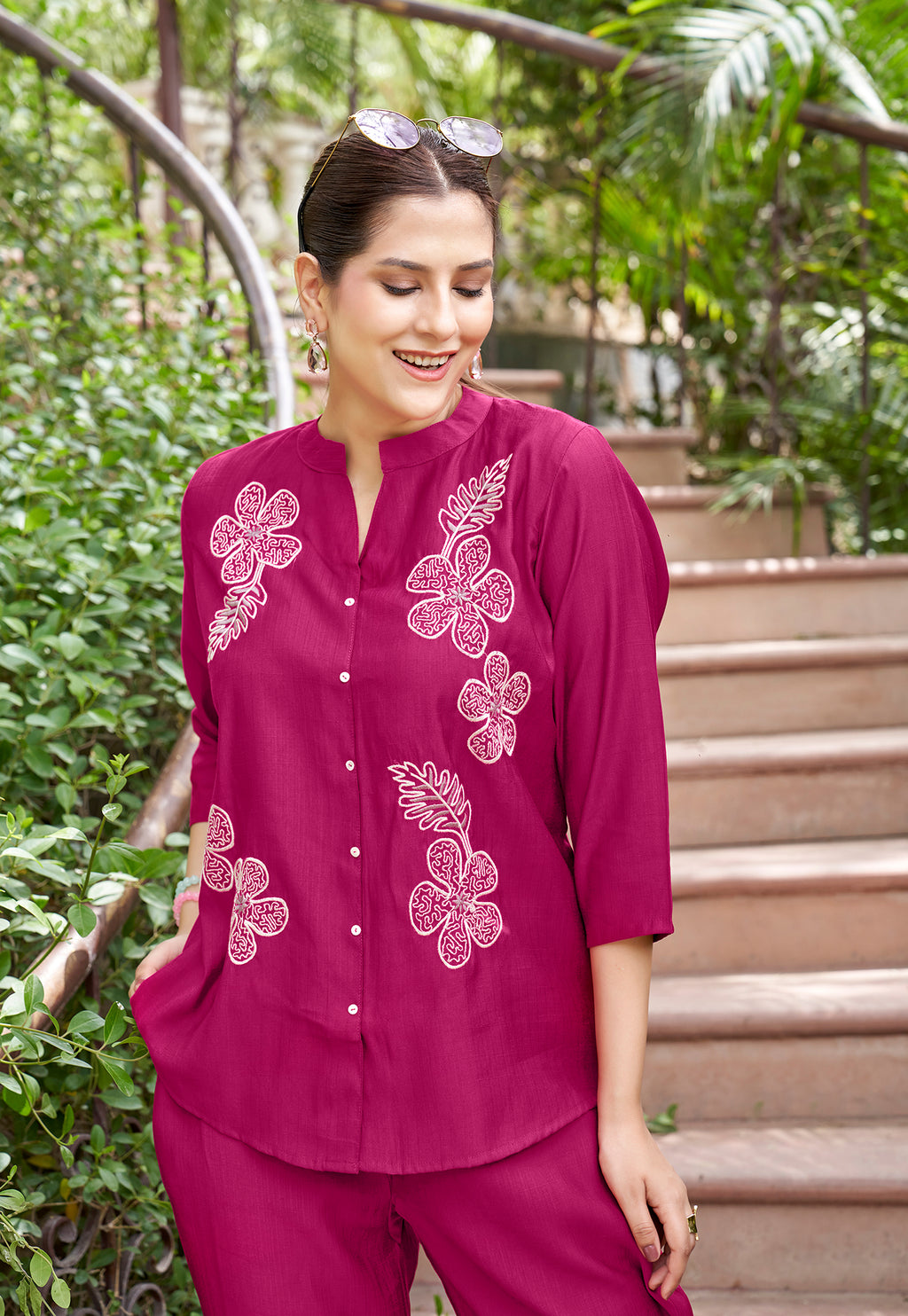 Embroidered Mandarin Collar Neck Shirt With Trousers-PRANJAL