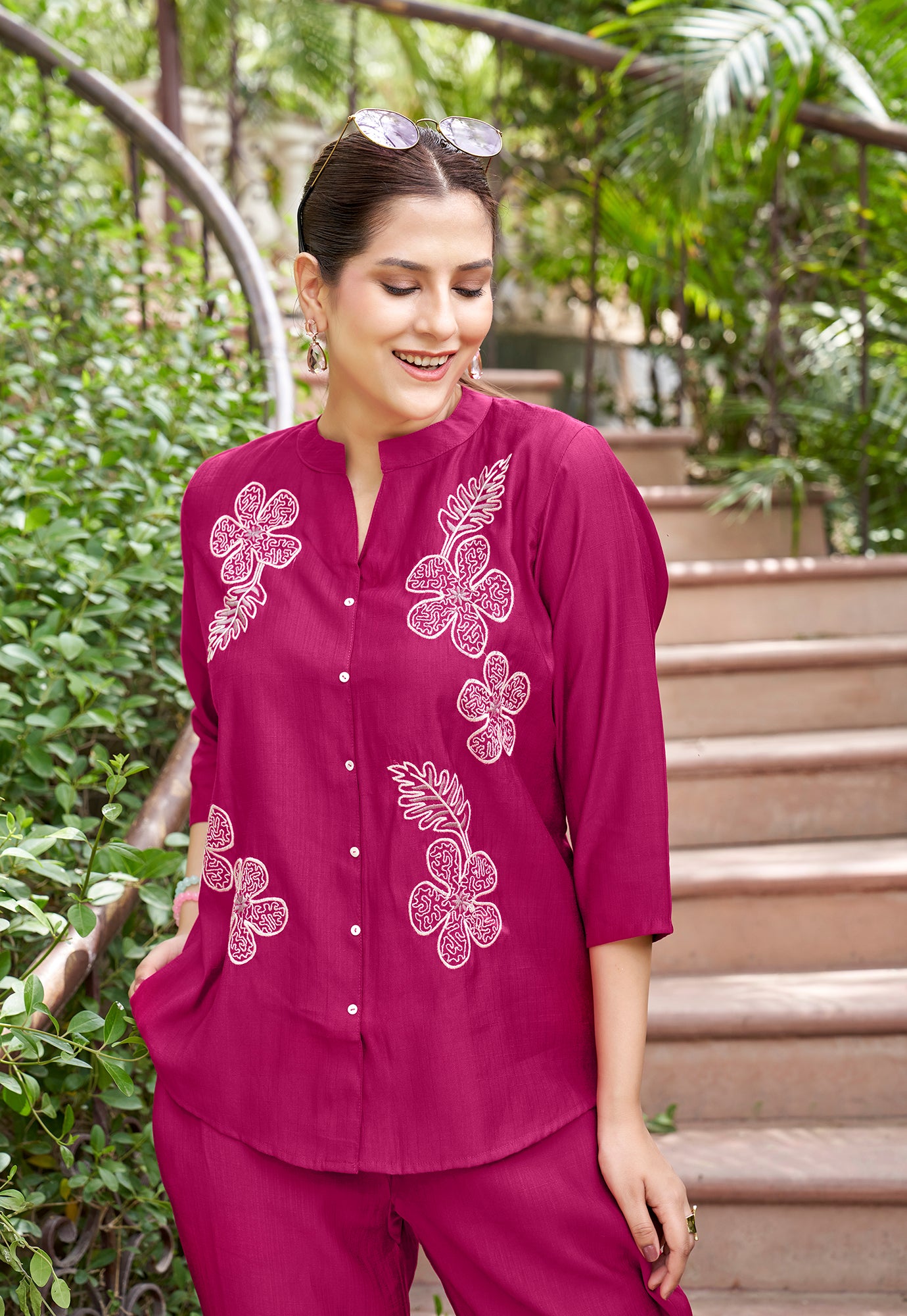 Embroidered Mandarin Collar Neck Shirt With Trousers-PRANJAL