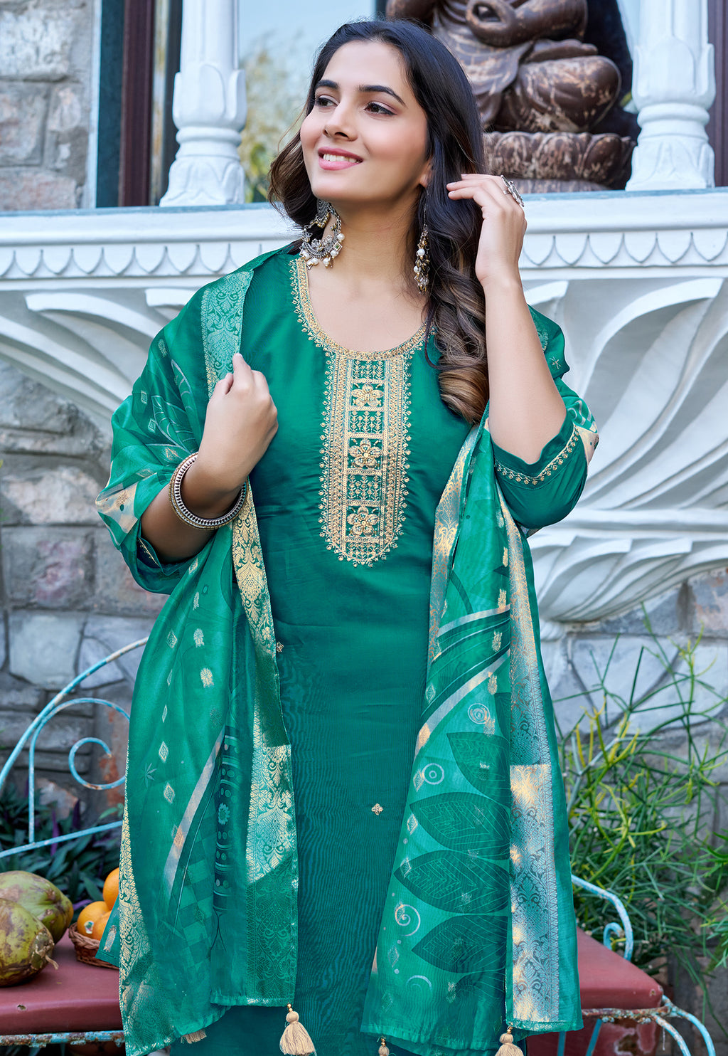 Women Printed Angrakha Pure Cotton Kurta with Trousers & With Dupatta-215