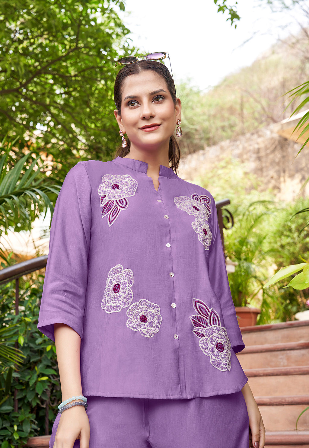 Embroidered Mandarin Collar Neck Shirt With Trousers-PRANJAL