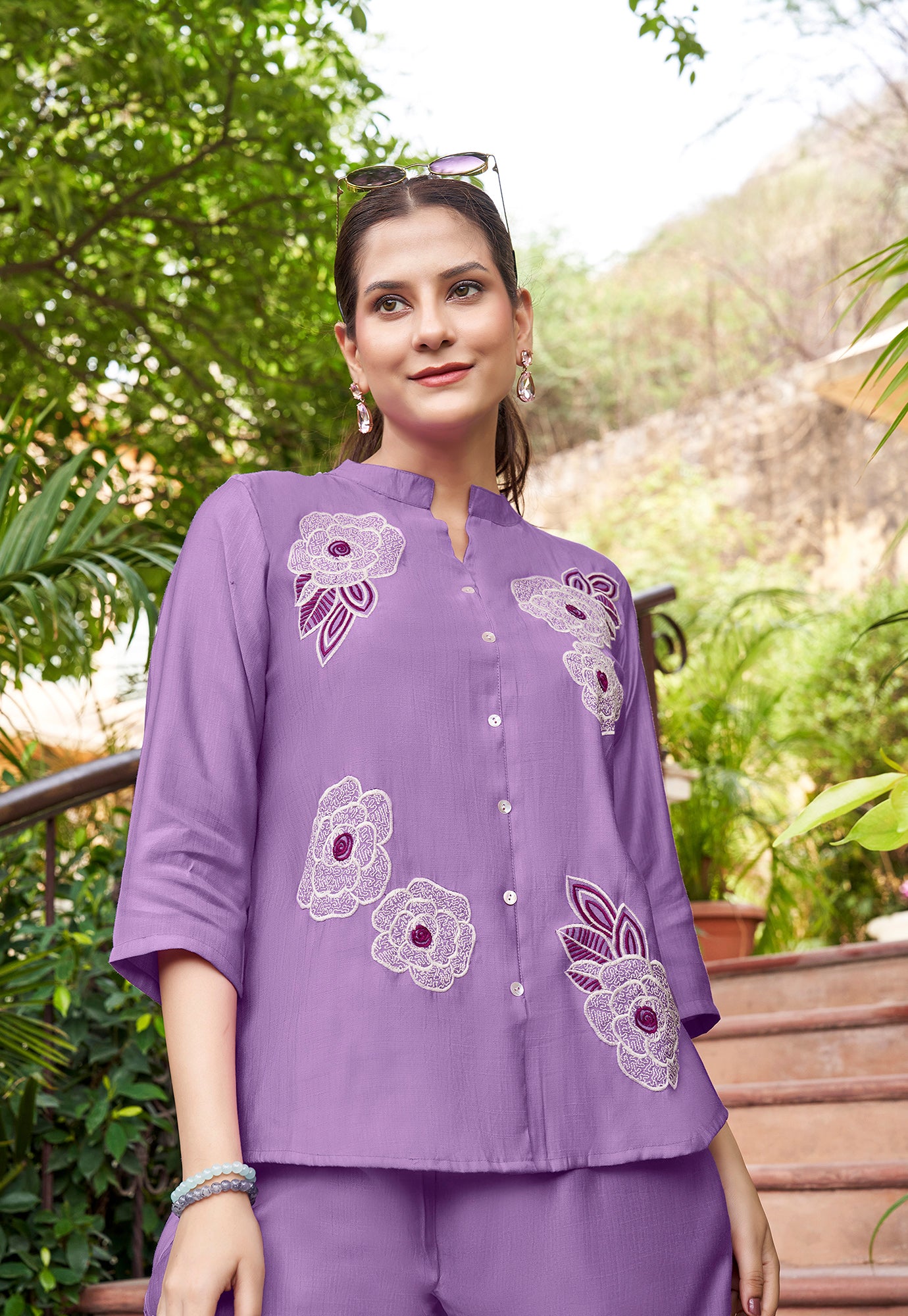 Embroidered Mandarin Collar Neck Shirt With Trousers-PRANJAL