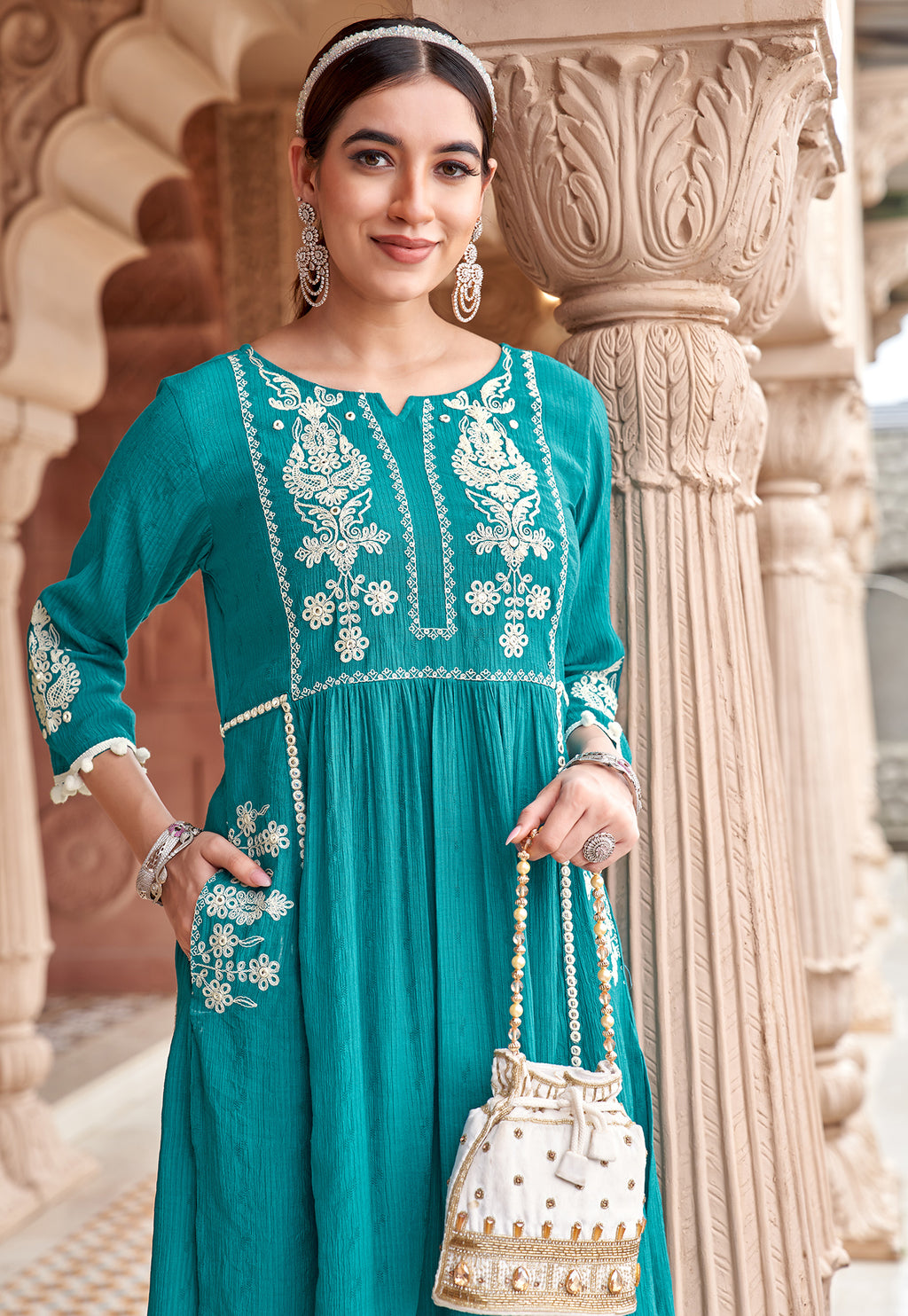Women Floral Embroidered Pleated Thread Work Kurta with Trousers-NOVA