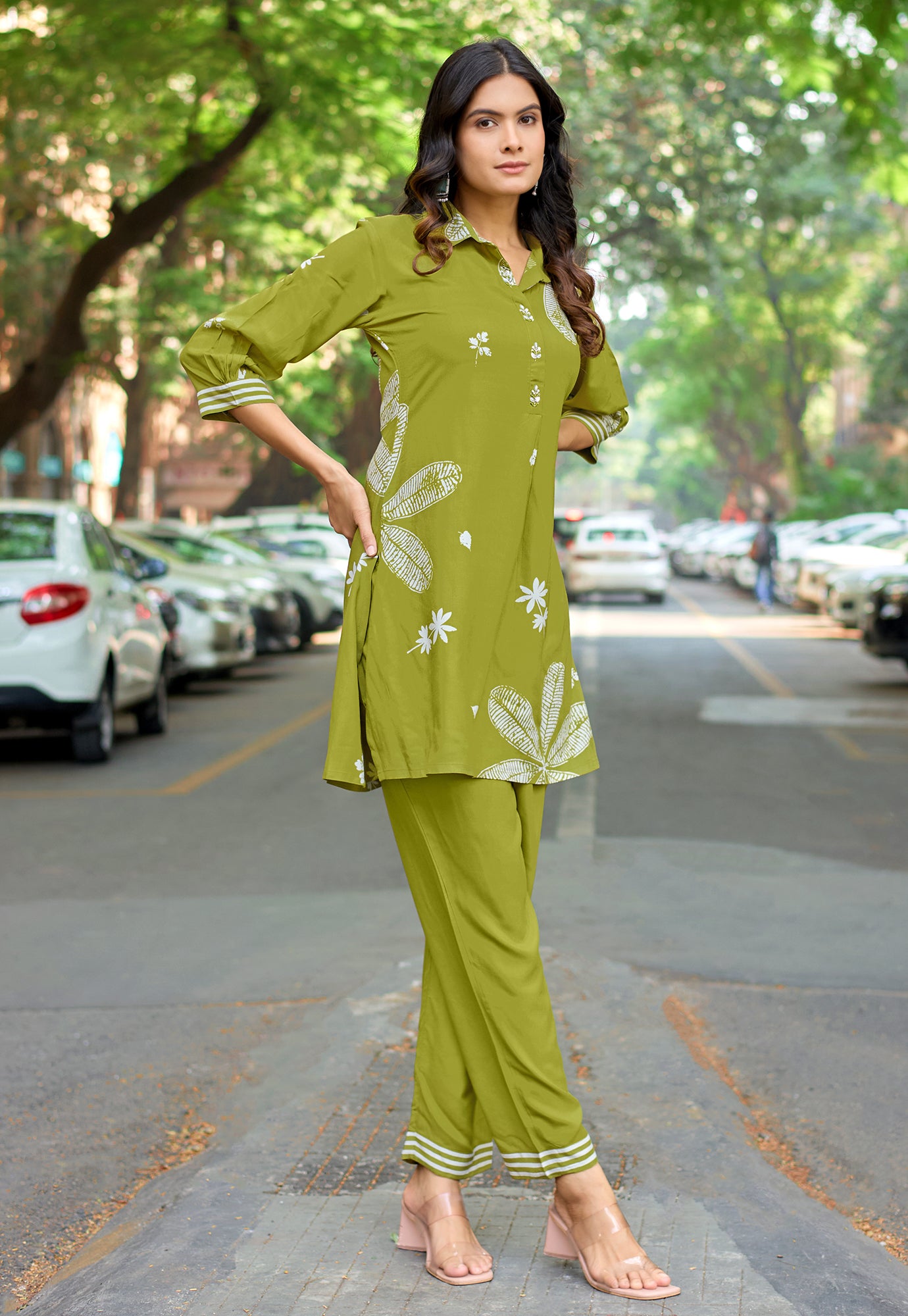 Printed Shirt Collar Tunic & Trousers Co-Ords-RASIKA