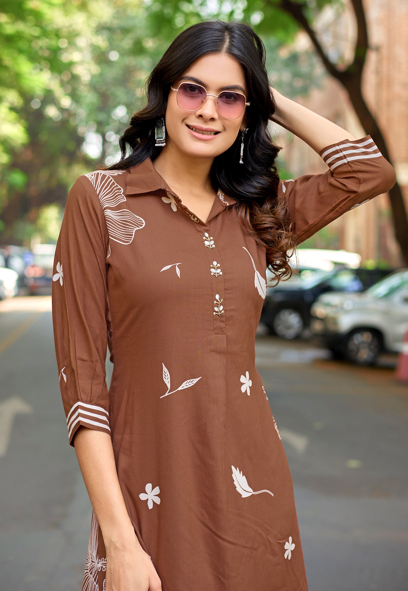 Printed Shirt Collar Tunic & Trousers Co-Ords-RASIKA