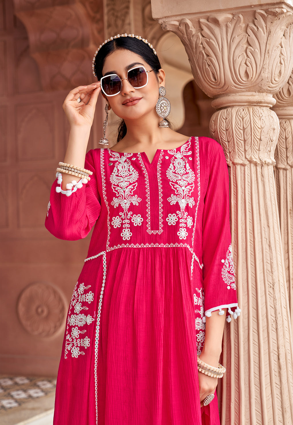 Women Floral Embroidered Pleated Thread Work Kurta with Trousers-NOVA
