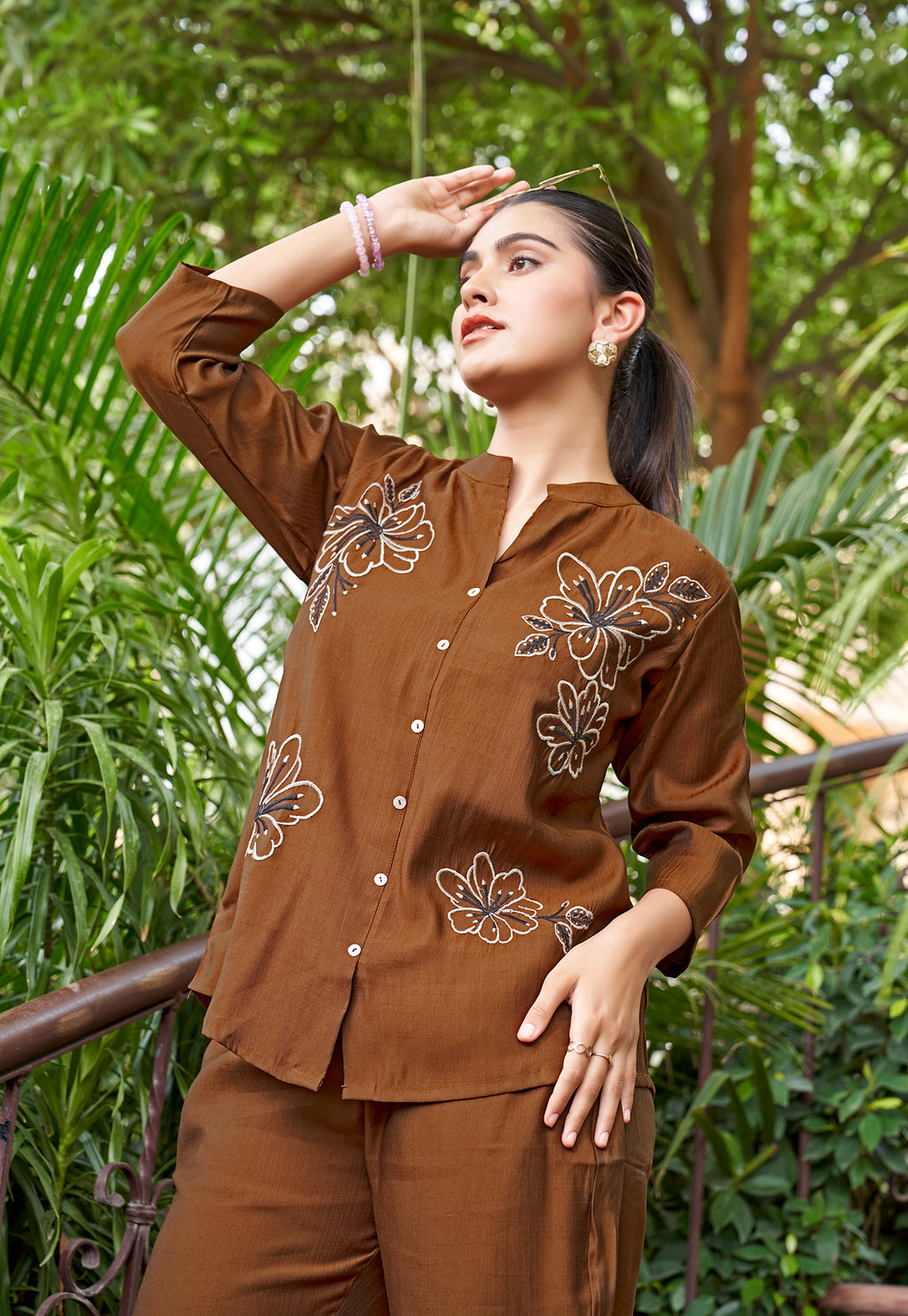 Embroidered Mandarin Collar Neck Shirt With Trousers-PRANJAL