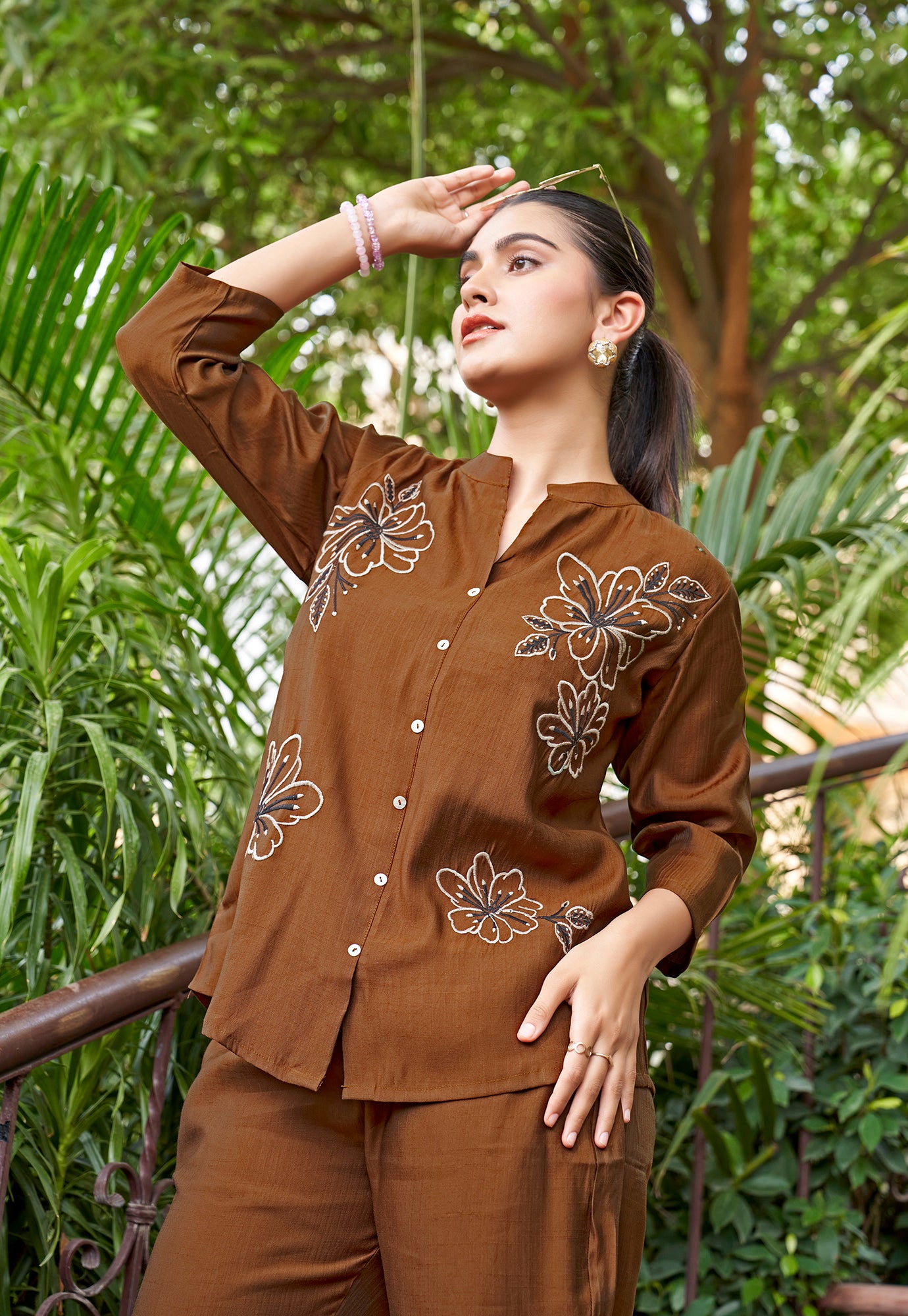 Embroidered Mandarin Collar Neck Shirt With Trousers-PRANJAL