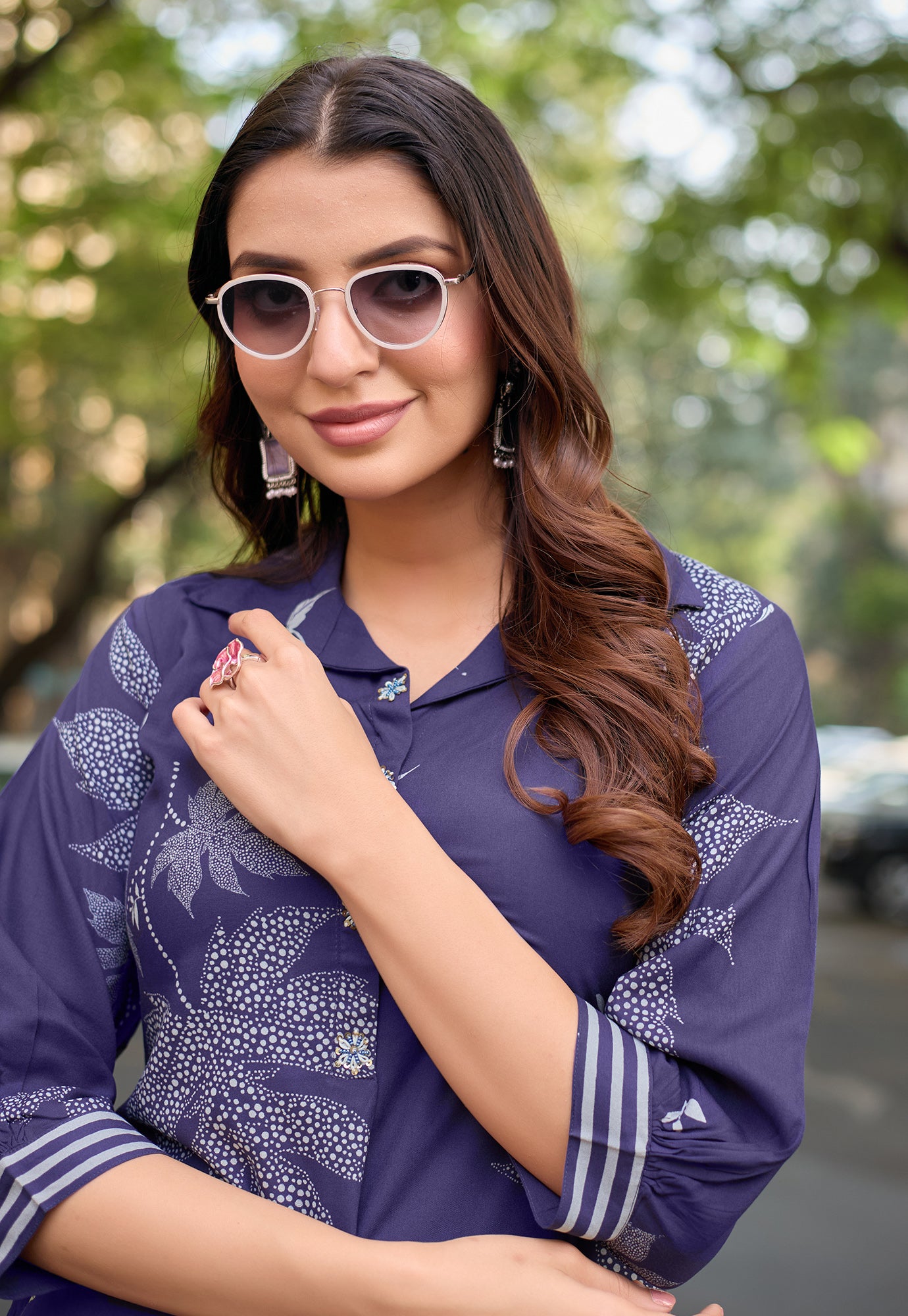 Printed Shirt Collar Tunic & Trousers Co-Ords-RASIKA